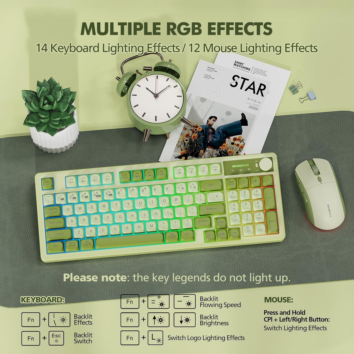 Wireless Keyboard and Mouse Combo Creamy with Number Pad for Desktop Mac iPad Bluetooth/2.4ghz/Wired Rechargeable Light up RGB Quiet Compatible with PC Laptop Tablet (Green)