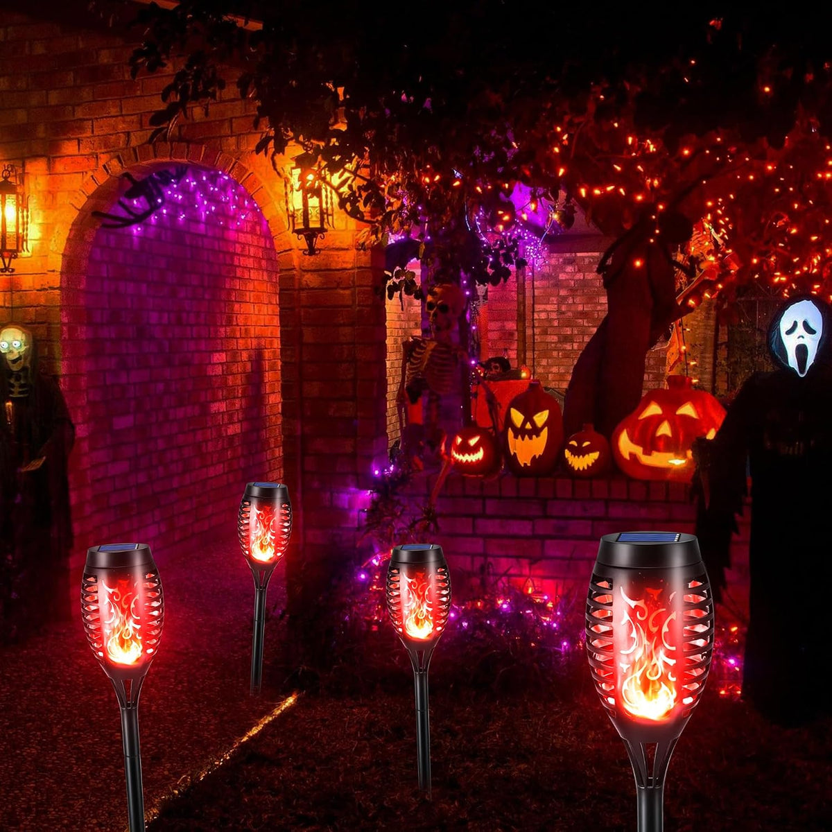 Toodour Solar Torch Flame Lights, 12 Pack Solar Halloween Lights Outdoor | with Flickering Flame, Waterproof Patio Light Landscape Decoration Lighting for Garden Yard Outdoor Halloween Decor - Red