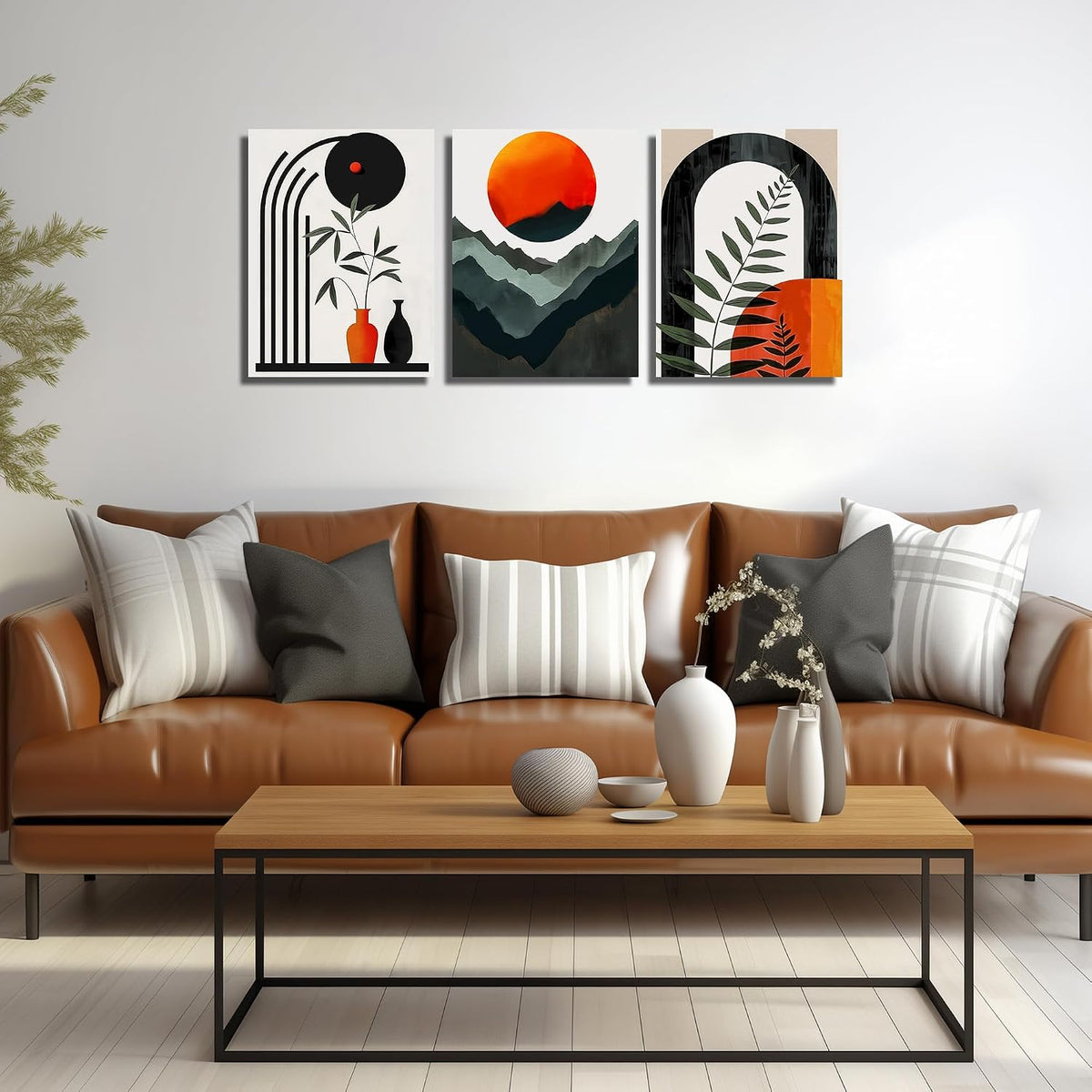 DNIEOTU Boho Wall Art for Living Room, Bohemian Canvas Wall-Decor for Bedroom, Mountian Moon and Geometric Shapes Picture Prints, Size 12 x 16 Inches 3-Pieces
