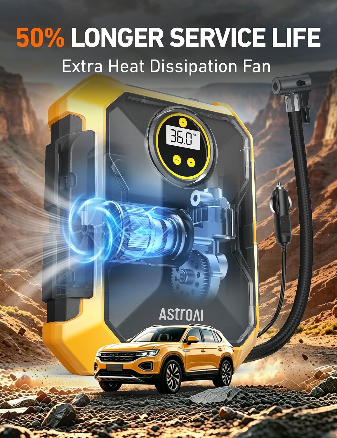 AstroAI Tire Inflator Portable Air Compressor 12V DC Integrated Storage | 9.8Ft Cord Digital Gauge Auto ShutOff LED Light Fast Inflation Air Pump for Car Tires Bike Ball Motorcycle Inflatables Yellow