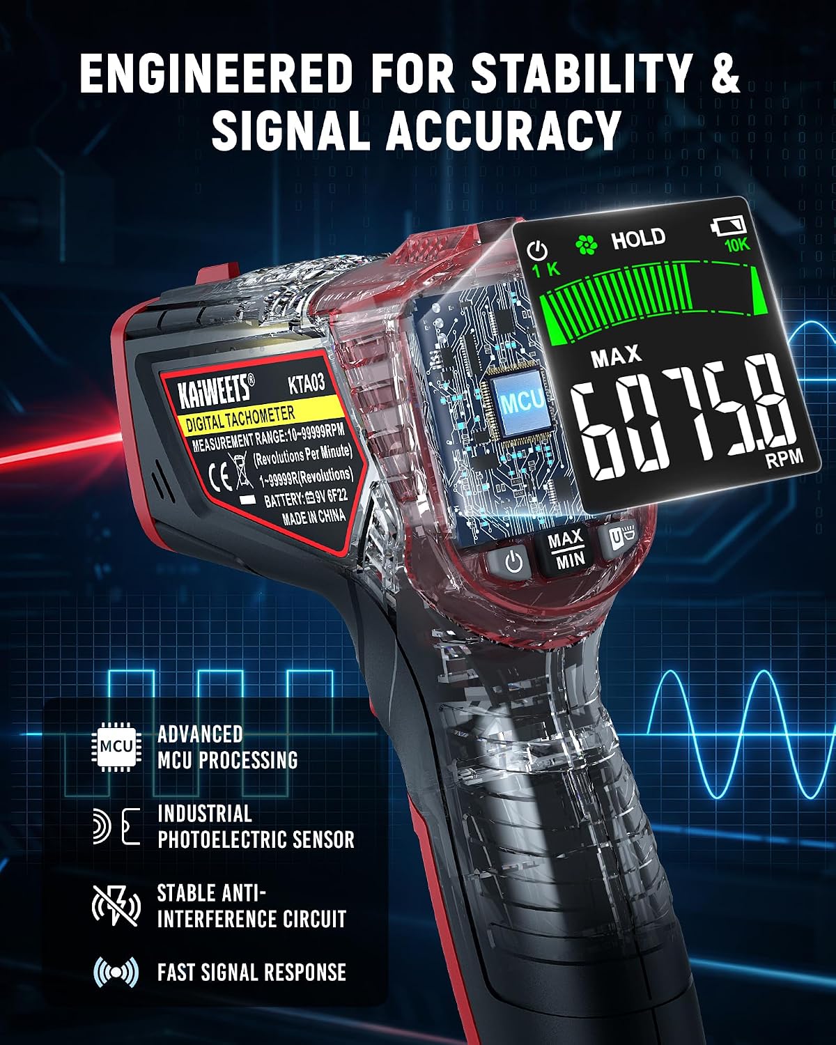 KAIWEETS Laser Tachometer Digital RPM Meter Non Contact Motor Speed Tester 10-99999 RPM, Handheld Tachometer with Large LCD Display, Max Min Memory, Reflective Tape for Engines Motors Fans