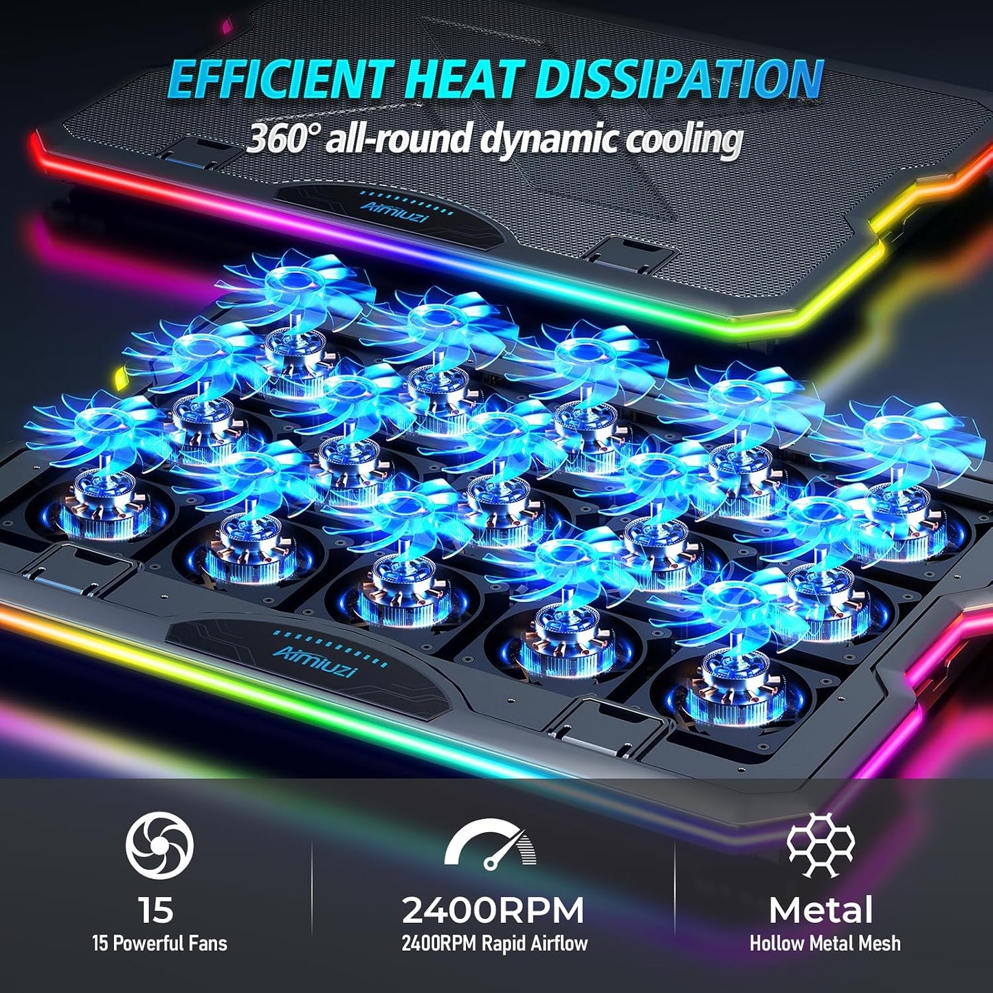AIMIUZI Gaming Laptop Cooling Pad, Laptop Cooler with 15 Quiet Fans for 12-17.3 Inch Notebook, Slim Portable Laptop Cooling Stand with 7 Height Adjustable, 2 USB Ports, Phone Stand