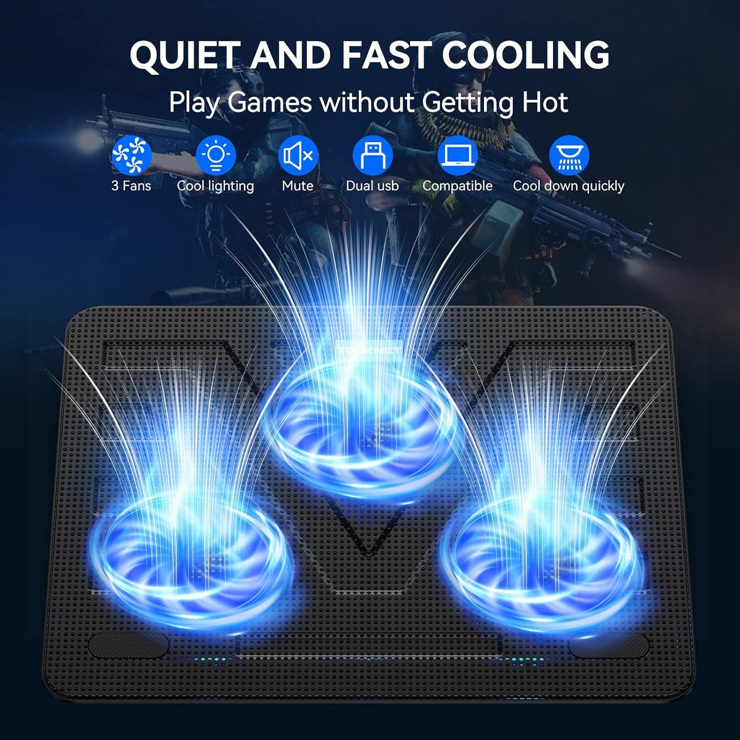 TECKNET Laptop Cooling Pad, Portable Slim Laptop Cooler for 12"-17" Laptops | 60% High-Efficiency Cooling, Whisper-Quiet Design, Dual USB Ports, LED Working Indicator, Alloy Material Mesh