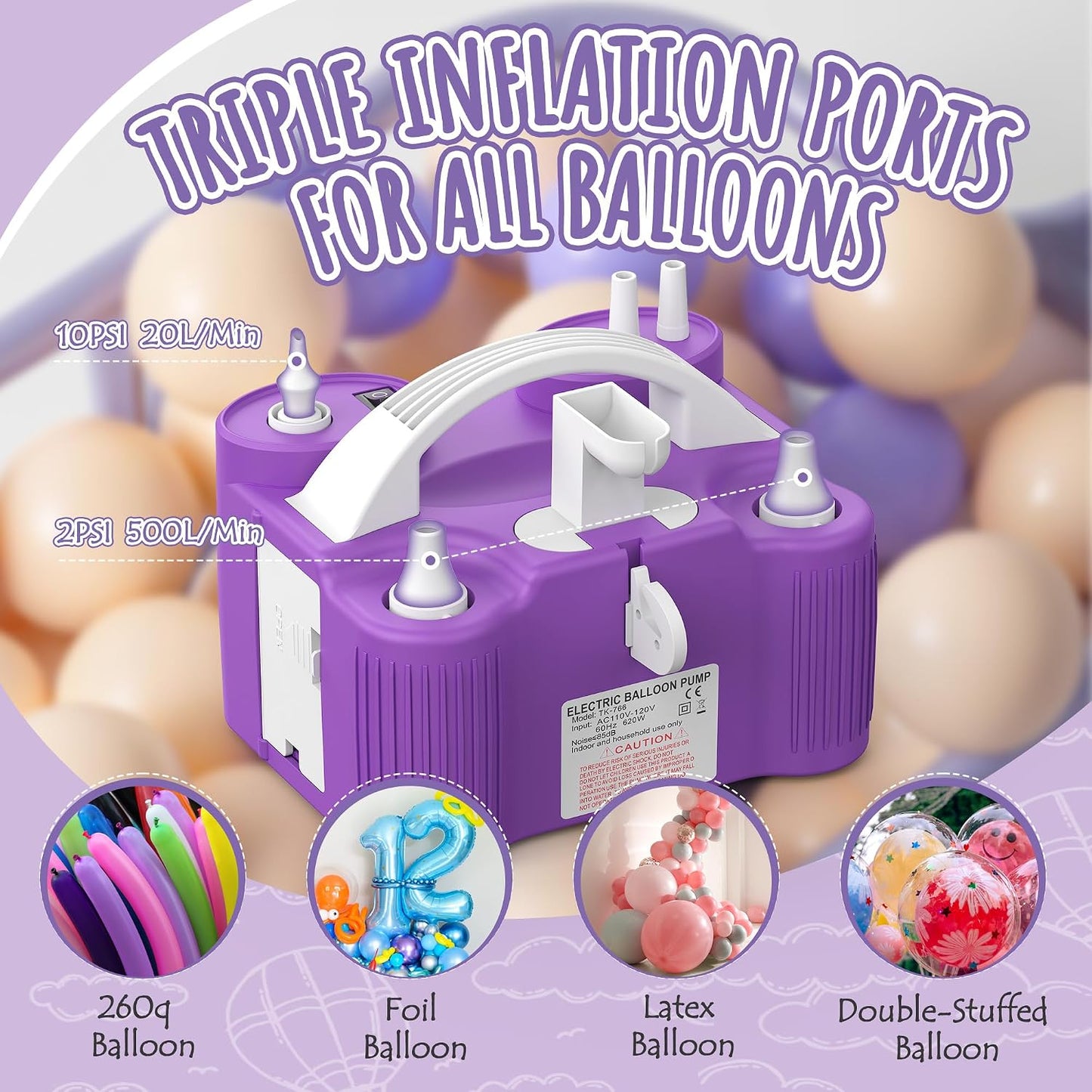 4-in-1 Electric Balloon Pump Triple Nozzles for Latex Foil 260q Balloon | Inflator Deflator for Inflatables Air Mattresses Pool Floats Yoga Balls, Electric Air Pump for Sports Balls