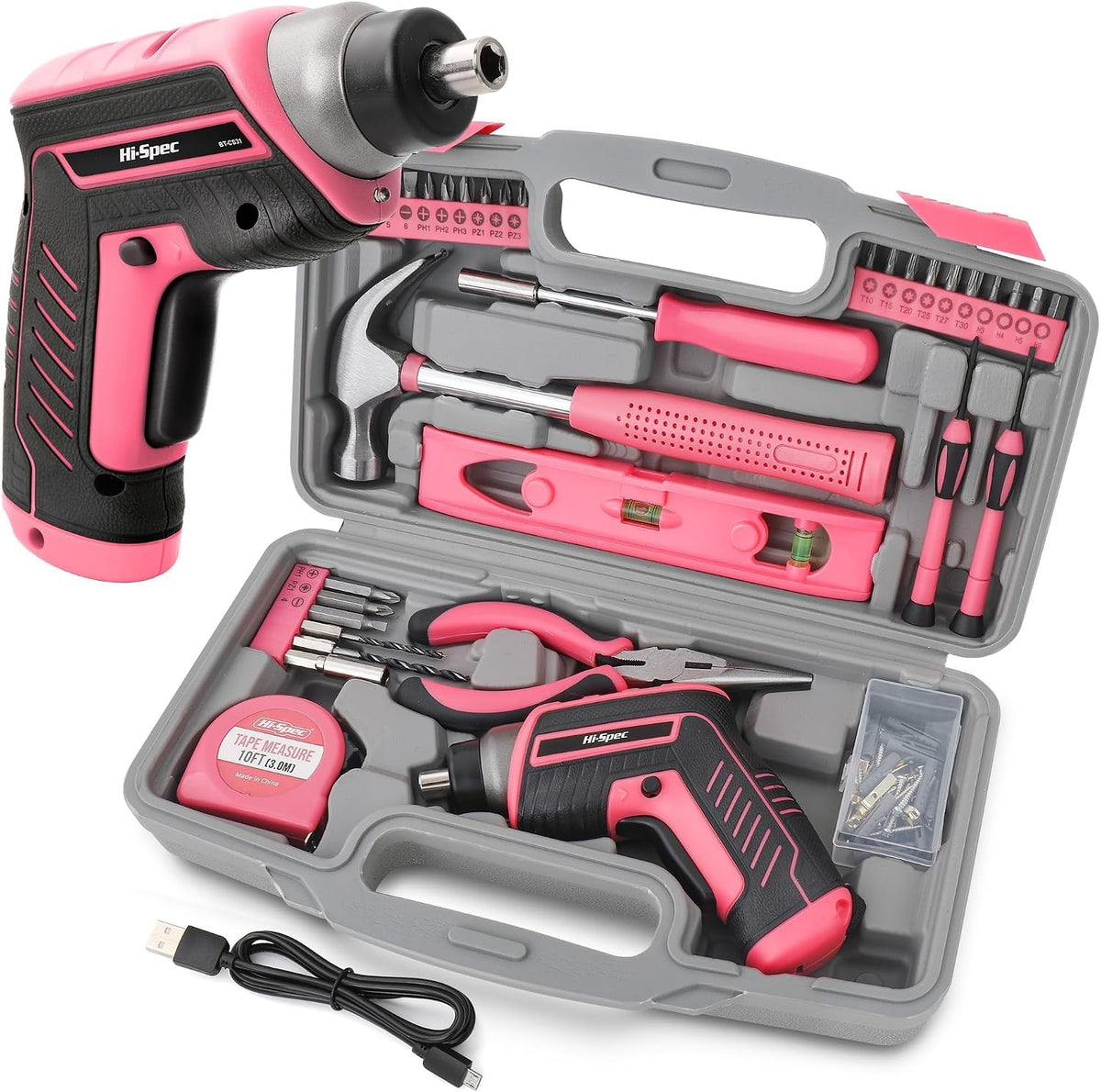 Hi-Spec 3.6V USB Electric Screwdriver for Home Repairs and Assembly, Pink | 35pc, fast assembly help, common screw bit selection, LED visibility, compact grip, quick household fixes, organized storage
