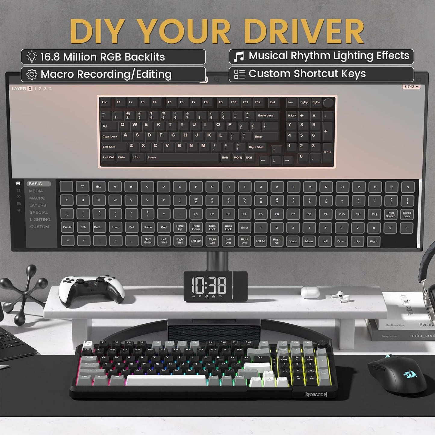 Redragon K742 Wireless Mechanical Gaming Keyboard with Knob for PC Computer | Bluetooth 5.0/2.4GHz/USB C Wireless Creamy Keyboard with Number Pad, RGB Backlits, Hot-Swappable with Linear Switches (Black)