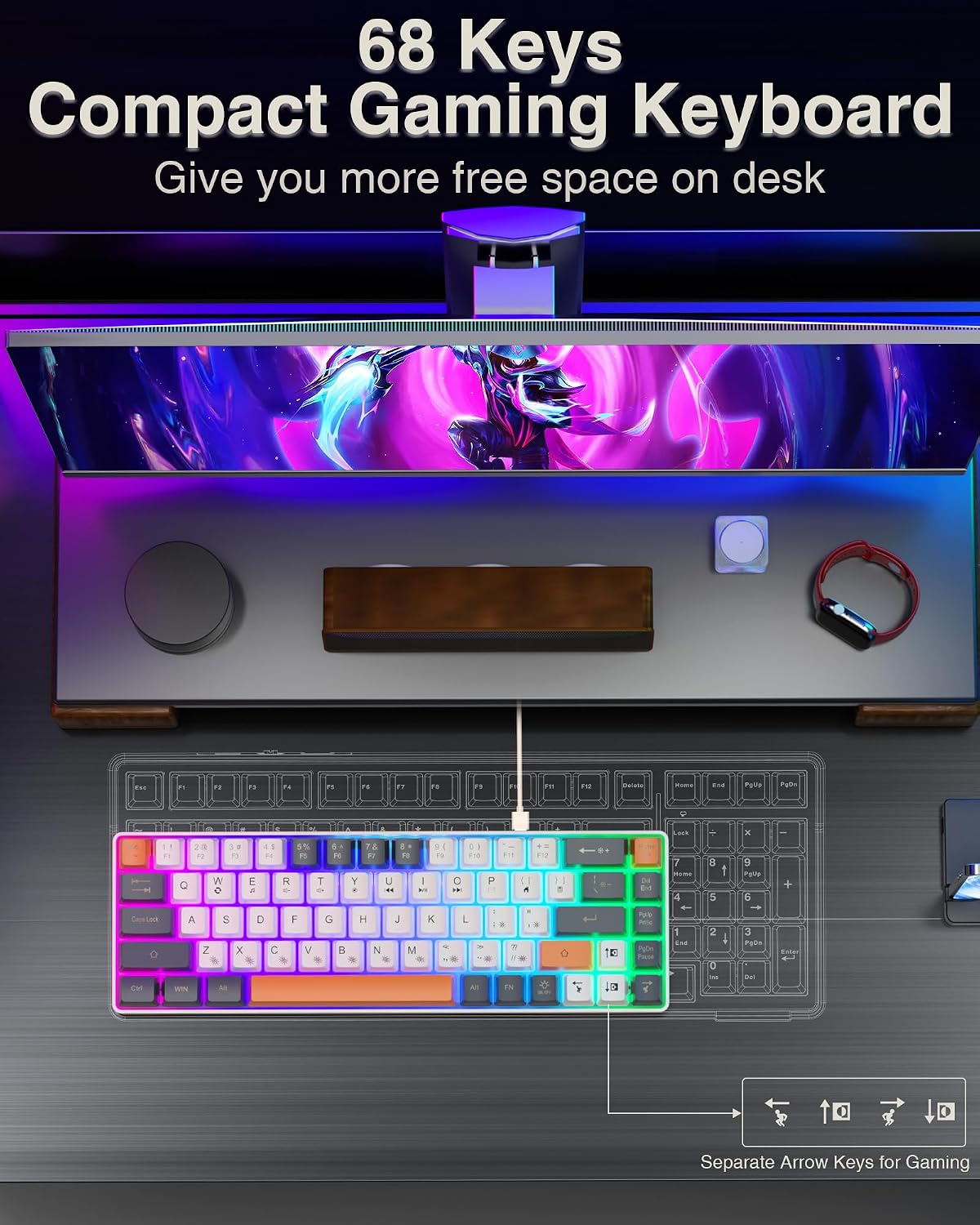 CORBOBO 60 Percent Keyboard,RGB Backlit Gaming Keyboard USB-C Wired,Portable 68 Keys Compact Mini Keyboards for Business Trips,Office,PC Games (SK968,Grey&Orange)