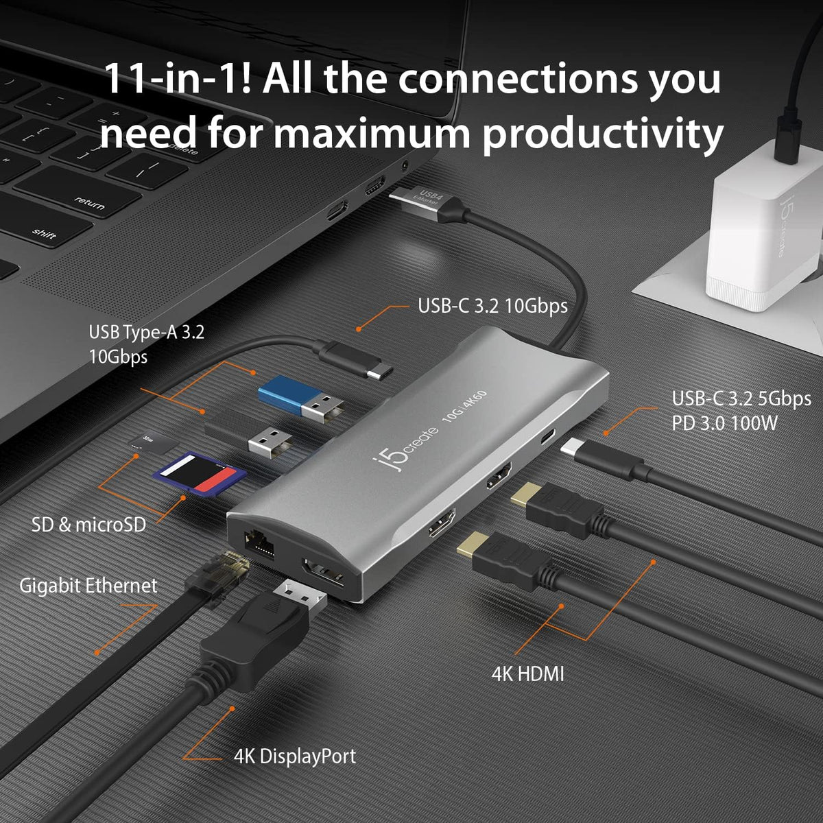 j5create USB C 4K Triple Display Hub - 4K HDMI x2, 4K DP, 2 USB-A and USB-C
