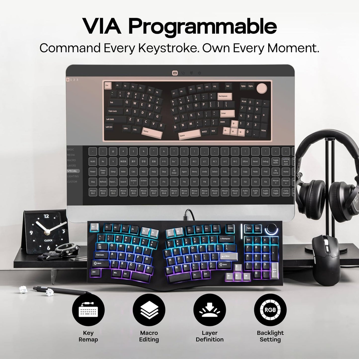 MechLands Feker Alice98 Ergonomic 98 Keys Custom Mechanical Keyboard | VIA Programmable, USB-C Wired Gaming Keyboard, Hot Swappable, 5 Layer Paddings, Control Knob, NKRO, RGB for Win/Mac (Black)