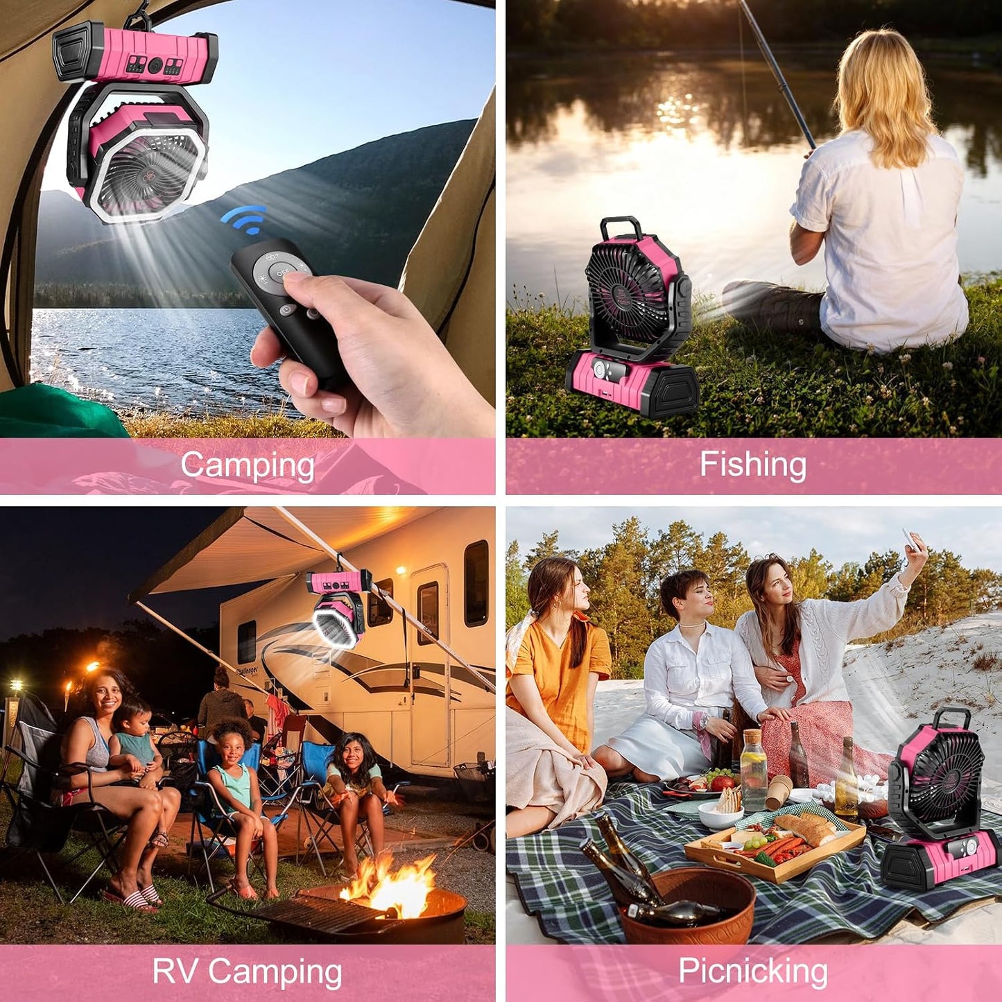 Odoland 30000mAh Camping Fan with LED Lantern, Rechargeable Battery Fan | Operated Oscillating Fan with Remote & Hook, Portable Tent Fan with Timer, 4 Speeds for Outdoor Camp RV Power Outage, Pink