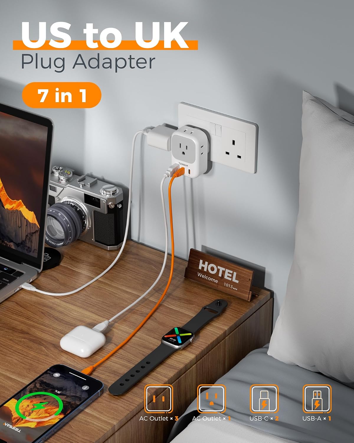 TESSAN UK Travel Adapters PD 20W, 2 Pack Type G | 4 Outlets 3 USB (2 USB-C), US to UK Ireland London Scotland England, Kenya Dubai Singapore Hong Kong
