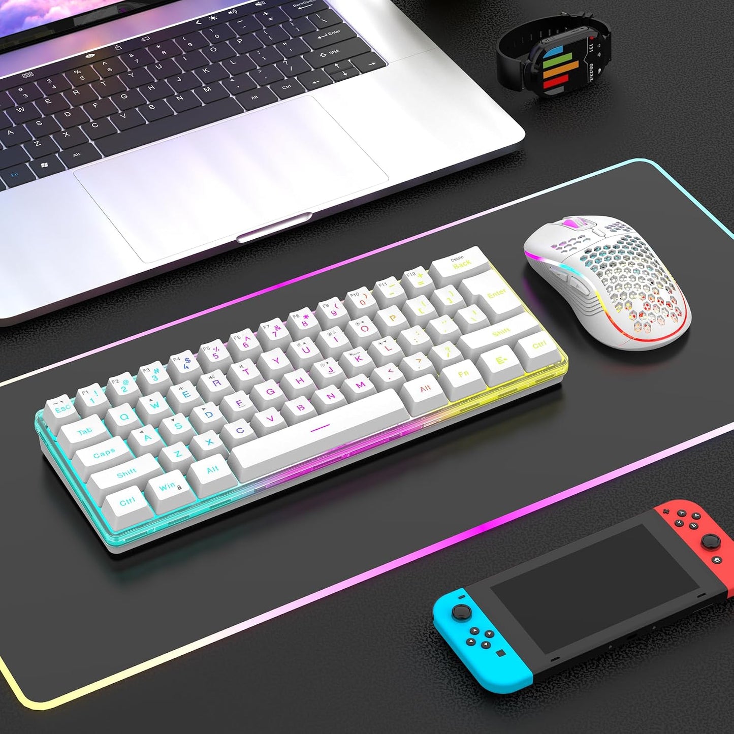 RedThunder 60% Wireless Gaming Keyboard and Mouse Combo, 2500mAh Rechargeable Battery, Ultra-Compact Small RGB Mechanical Feel Keyboard, Lightweight Honeycomb Optical Mouse for Gaming/Business, White
