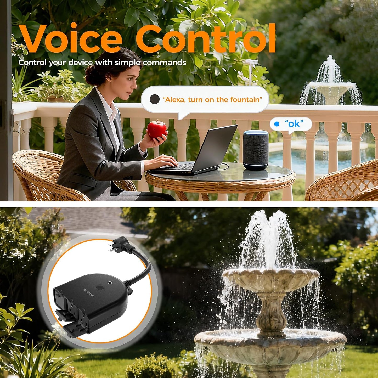TESSAN Outdoor Smart Plug Waterproof, 2.4GHz WiFi Only, 15A/1875W Heavy Duty, 3 Individual Sockets Compatible with Alexa Google Home, Remote Control Timer