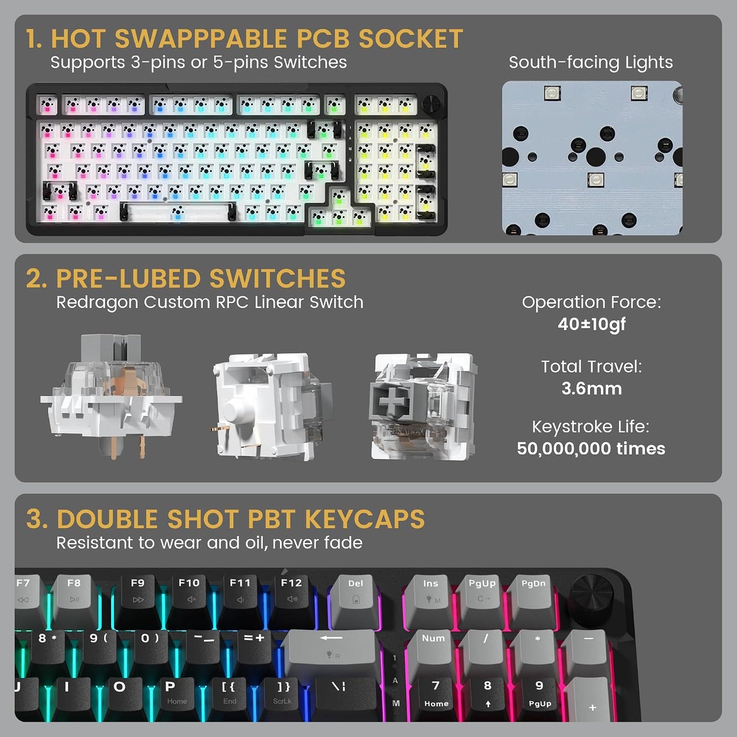 Redragon K742 Wireless Mechanical Gaming Keyboard with Knob for PC Computer | Bluetooth 5.0/2.4GHz/USB C Wireless Creamy Keyboard with Number Pad, RGB Backlits, Hot-Swappable with Linear Switches (Black)