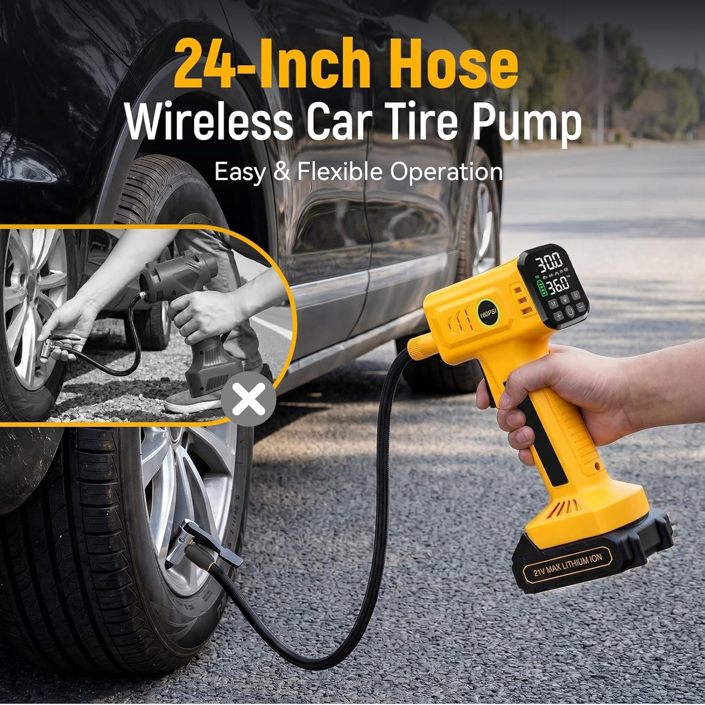 Tire Inflator Portable Air Compressor, Cordless Tire Inflator & DC | Fast Inflation, Rechargeable Battery, Auto Shut-Off, Digital Pressure Gauge, Air Pump for Car, SUV, Motorcycle, Bike, Ball