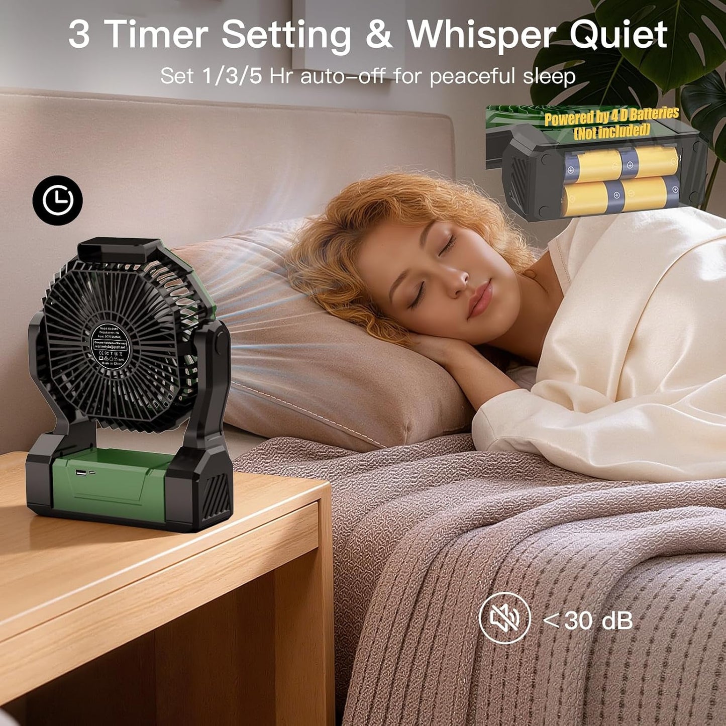 Battery Operated Fan, 2-in-1 D-Cell Battery & USB Powered Portable Fan with 4 Speeds, 3 Timers & 2 Light Modes, Super Long Lasting Camping Fan for Outdoor Tent Travel Picnic Office Bedroom - Green