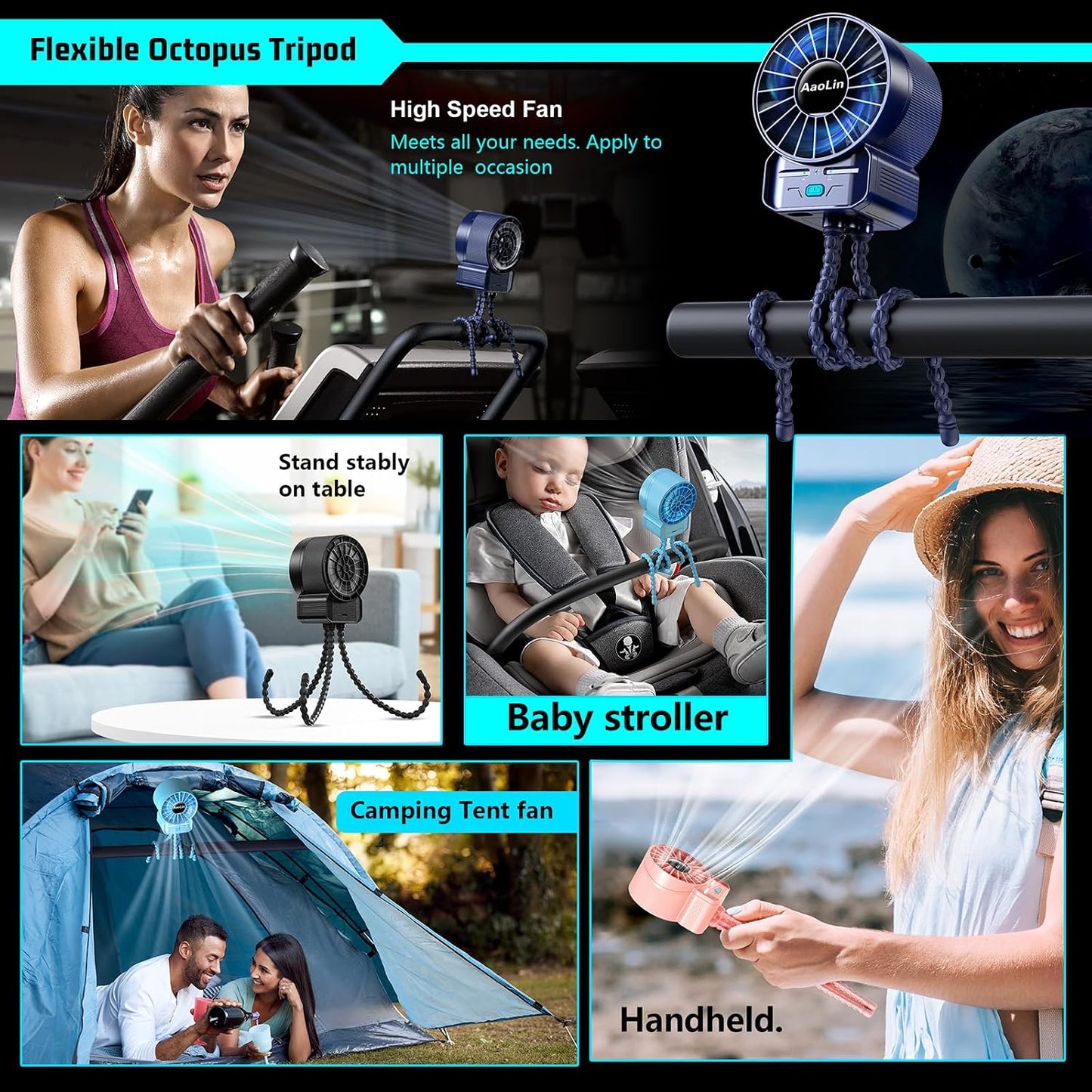 2 Pack Multifunctional Portable Stroller Fan 4 Speed 6600rpm High Speed Usb Rechargeable Personal Mini Handheld Fan Extended Tripod For Desktop Winding Kids Bed Treadmill Bike Golf Cart Outdoor Travel