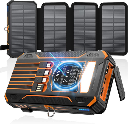 SOARAISE Solar Power Bank 48000mAh Wireless Portable Charger with 4 Cables | Solar Charger with 4 Solar Panels, 48000mAh High Capacity, PD QC 3.0 Fast Charging Battery Pack, Flashlights for Camping