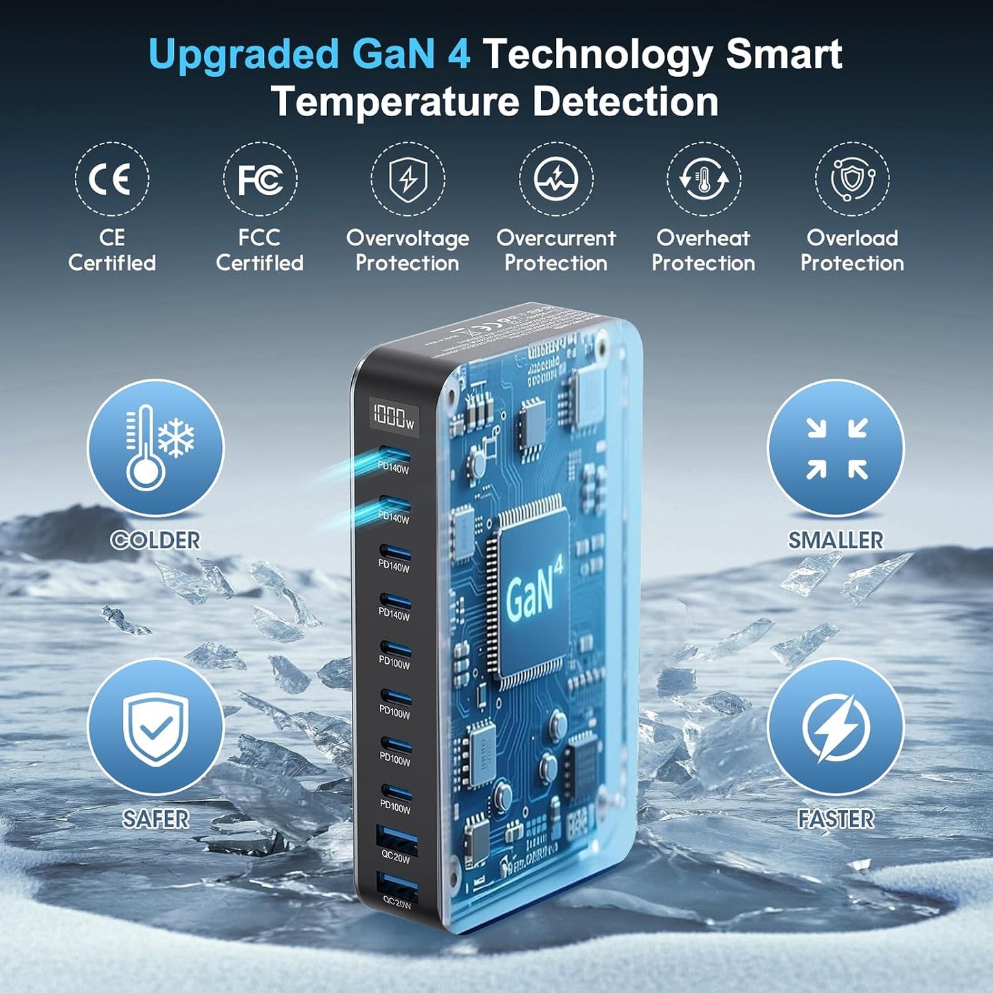 1000W USB C Fast Charger Block, 10 Port USB Charging Station, GaN Ⅳ Pro 140W PD PPS Port for Multiple Devices,Laptop Wall Charger Compatible with DELL, HP, MacBook Pro,iPhone17/16 pro,Galaxy S24.
