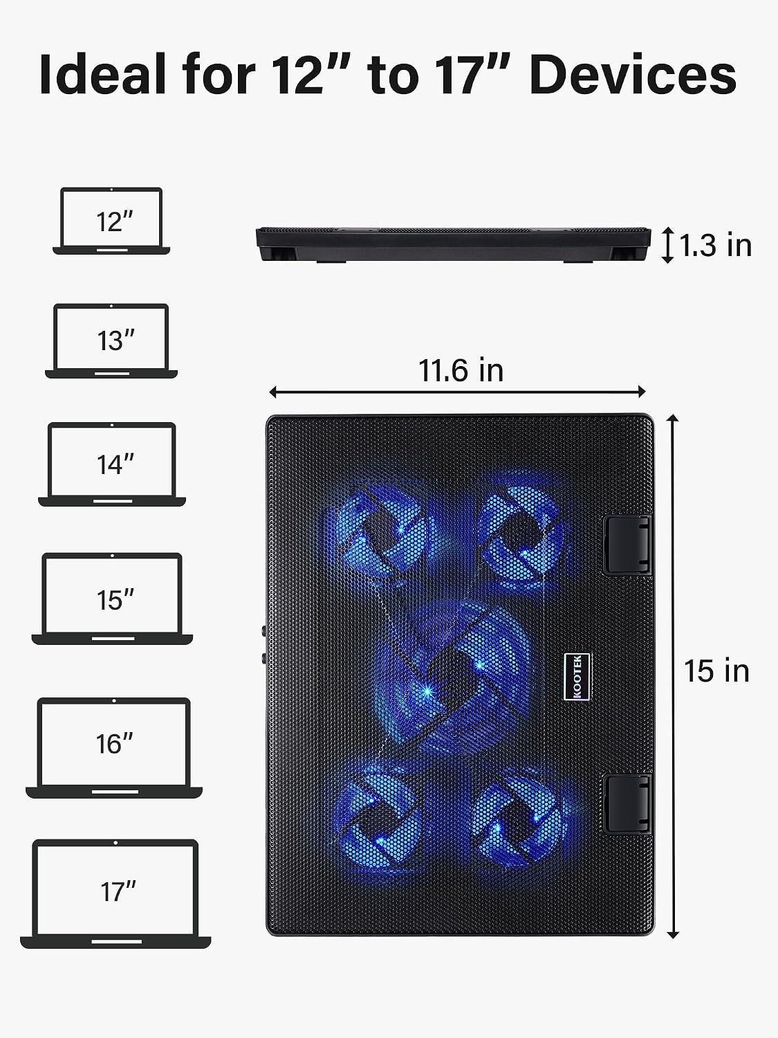 Kootek Laptop Cooling Pad Cooler Stand with 5 Quiet Fans for 12"-17" Laptop | 5 Fans, USB Powered, Laptop Cooling Stand with 2 USB Hub, 6 Adjustable Height, 360° Cooling Coverage, Anti-Slip, Blue LED
