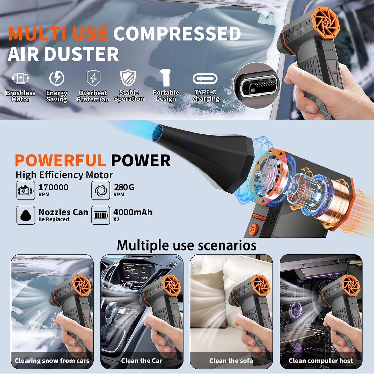 170000RPM Electric Air Duster Rechargeable Cordless Cleaner for Gaming Setup Keyboard PC Console Repair Tool with Multi Nozzles Compressed Air Alternative