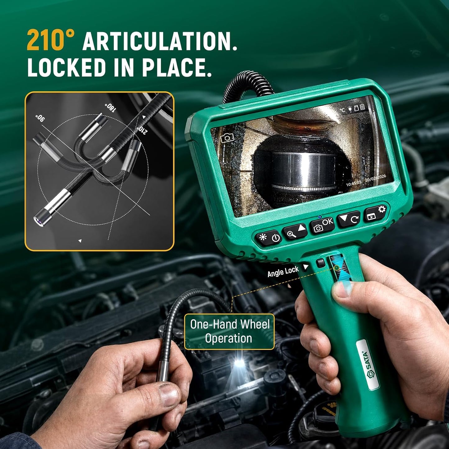 SATA Two-Way Articulating Borescope with Light, 210° Articulation, Industrial Endoscope Camera, IPS HD Display, Flexible Snake Probe for Automotive Engine, HVAC, Plumbing and Mechanical Inspection-5FT
