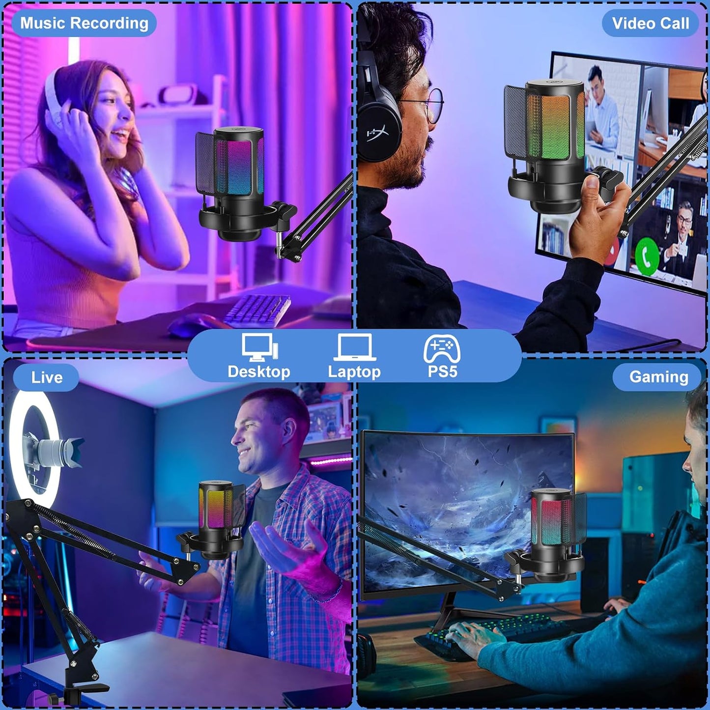 KingSom Gaming USB Microphone,Noise-Canceling Condenser Mic with Boom Arm | Podcast Microphones RGB Computer Mic,Streaming Microphone with Pop Filter, Mute Button,Gain for Recording,Discord,YouTube