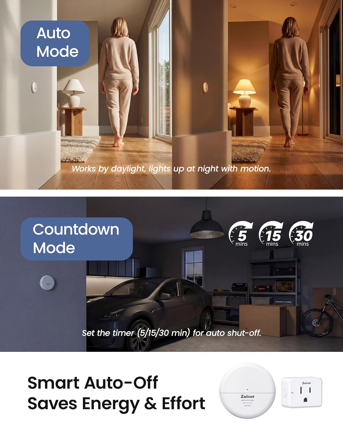 Zoiinet Wireless Motion Sensor Outlet, 15A/1500W, Adjustable Sensing Mode