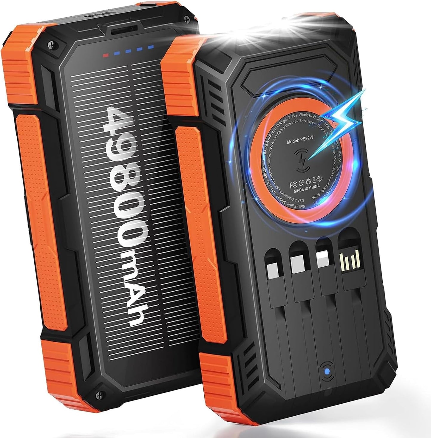 ERRBBIC Solar Charger Power Bank 49800mAh, Wireless Portable Phone Charger Built-in 4 Cable, 22.5W Fast Charging Battery Pack for iPhone 17 16 Pro iPad Samsung S26, Solar Charger for Camping,Hiking