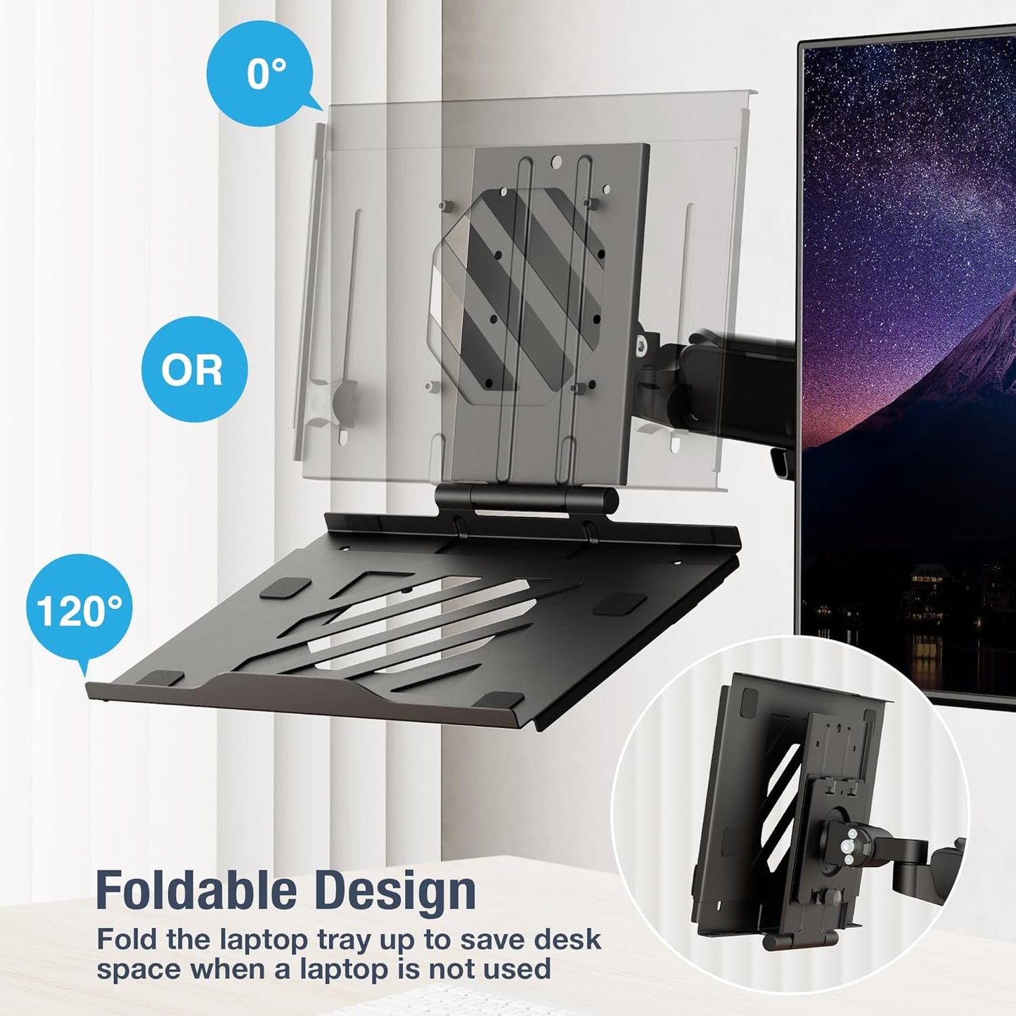 AVLT Adjustable Laptop Tray with Support for Fans Black (Fan Not Included) | Compatible with VESA 75x75 Monitor Arm - Suitable for Laptops Up to 17Inch - Weighs 4.41lbs for 120mm Fan