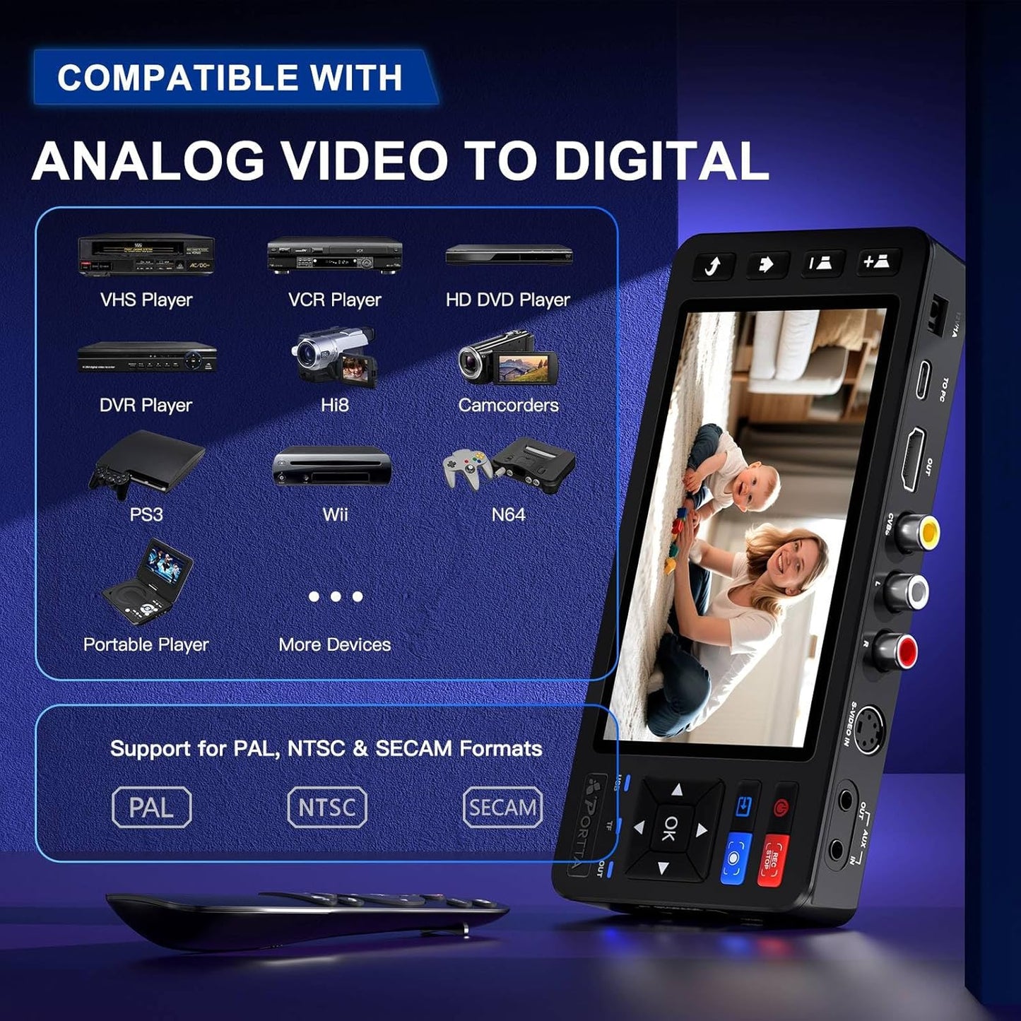 Portta VD20P VHS to Digital Converter with 5" HD Screen, Video Capture Recorder Convert to MP4 Compatible with VHS, VCR, DVR, DVD, Hi8, Mini DV, Gaming Console (VCR/VHS/DVD Player/Camcorder Required)