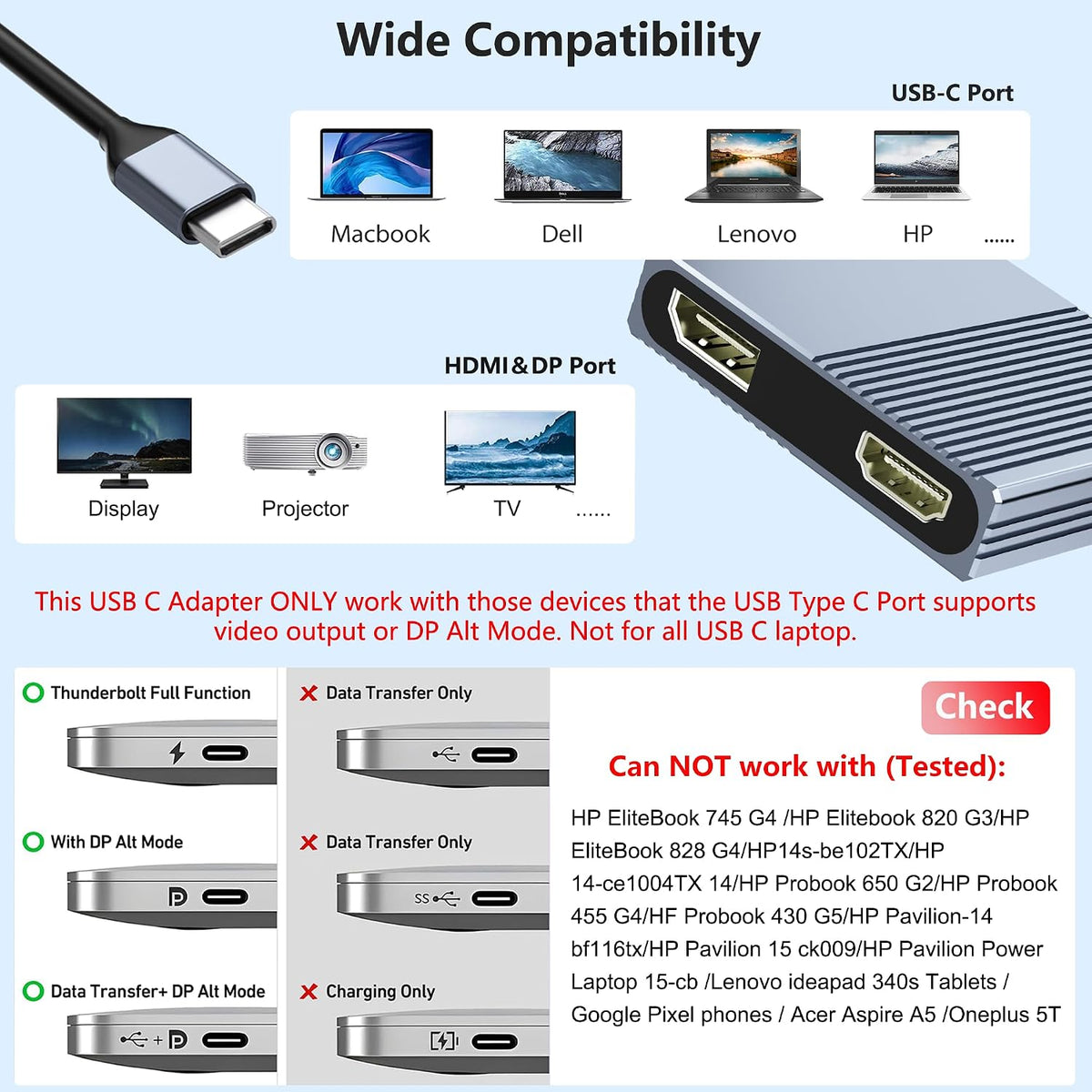 USB C to HDMI and DisplayPort Adapter, 4K @60Hz Dual Monitor Adapter for Dell/HP/Mac Laptops, USB Type C to Display Port and HDMI Multiport with USB3.0/PD, USB C Hub, Docking Station Dual Monitor