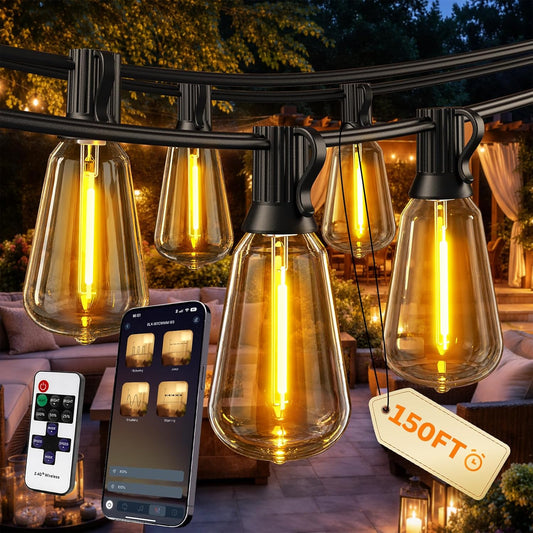 Outdoor String Lights, 150 FT Patio Lights for Outside, Smart App & Remote Control with Timer, Dimmable with 4 Scene Modes, Warm White Waterproof LED Bulbs for Garden, Yard and Backyard Decor
