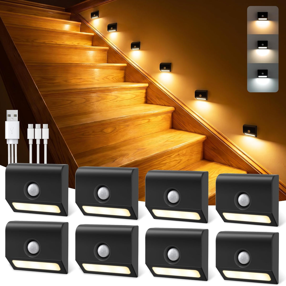 VOLISUN Rechargeable Motion Sensor Stair Lights Indoor, 3 Color Temperature LED Night Light with Light Sensor, Magnetic Stick-on Stair Lights for Hallway Bathroom Bedroom Closet Steps Black 8 Pack