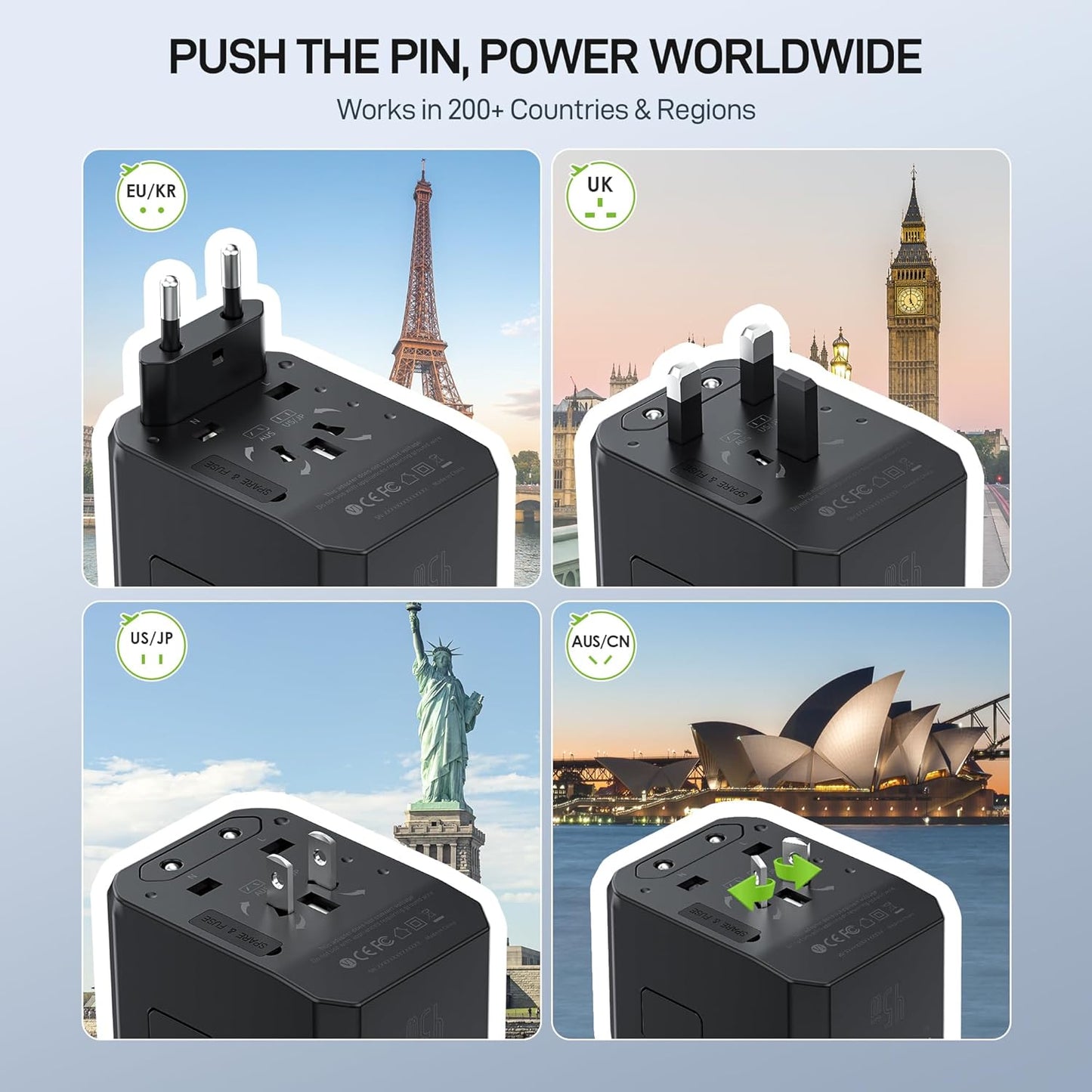 EPICKA 45W Universal Travel Adapter PD&QC, 1AC/4USB-C/1USB-A | Travel Plug Adapter for EU/US/UK/AUS, Fast Charging for Multi-Device, Not A Voltage Converter, TA-105S, Black
