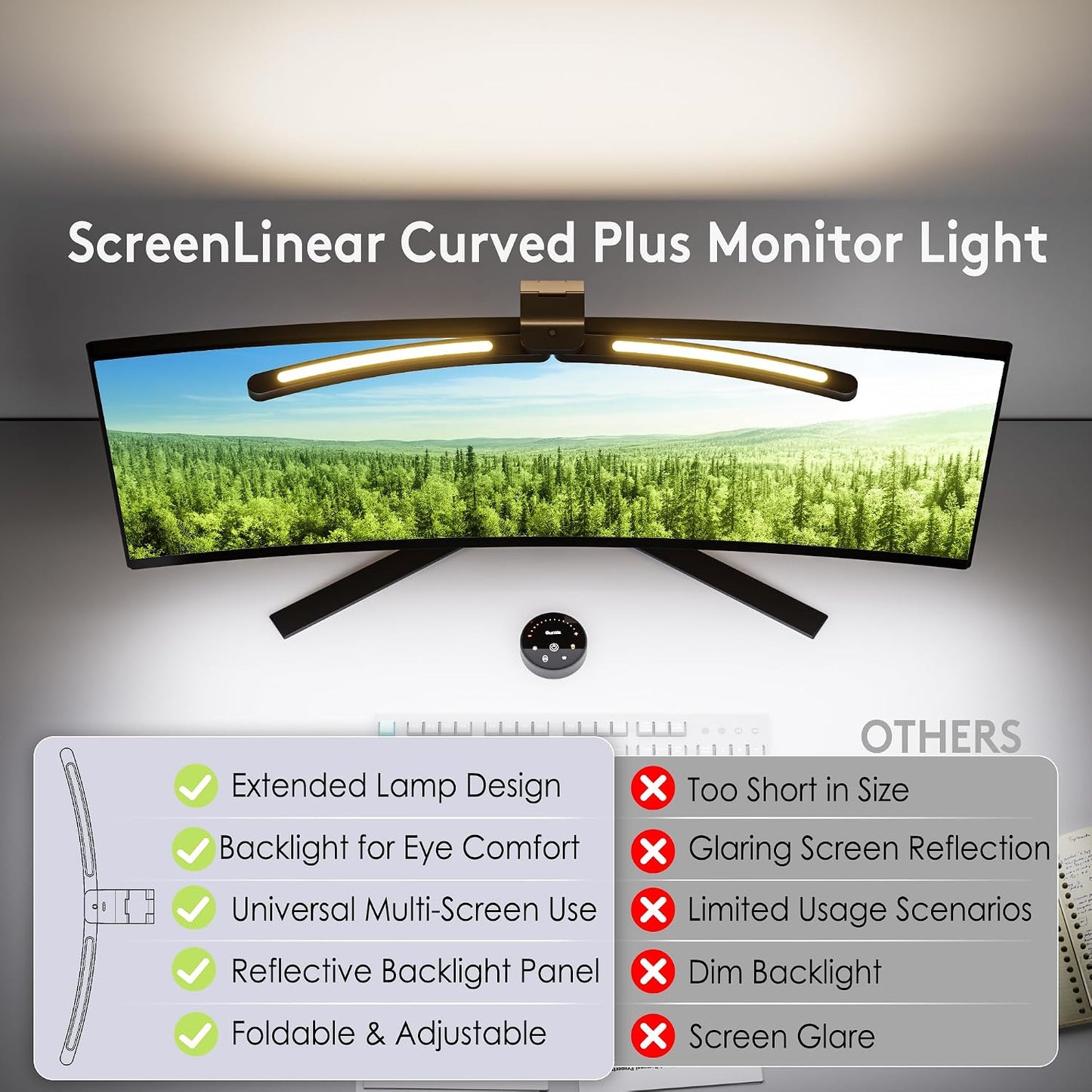 Quntis Curved Monitor Light Bar with Soft Backlight, Dual Curve-Matching Pivoting Arms for 1000R–3000R 34" Ultrawide Screens, 1400 Lux CRI 98 Eye Care Desk Light, Auto-Dimming & Remote for Home Office