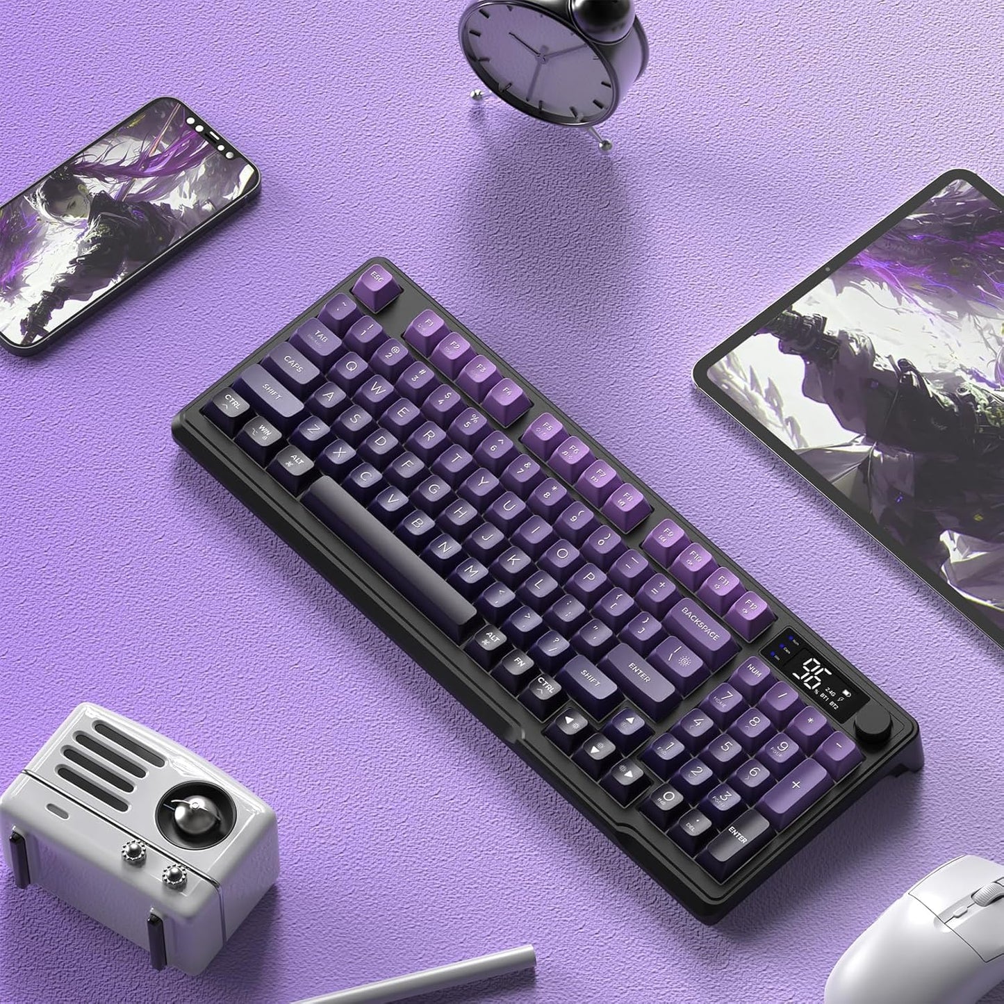 Free wolf M96 Wireless Gaming Keyboard Creamy Membrane 94Key ANSI-Purple | Rainbow Backlight,Media Knob,LCD Screen,Dual Mode-Bluetooth/2.4Ghz,Ball Shape PBT Keycap,3000mAh battery for Win Mac PC Gamer