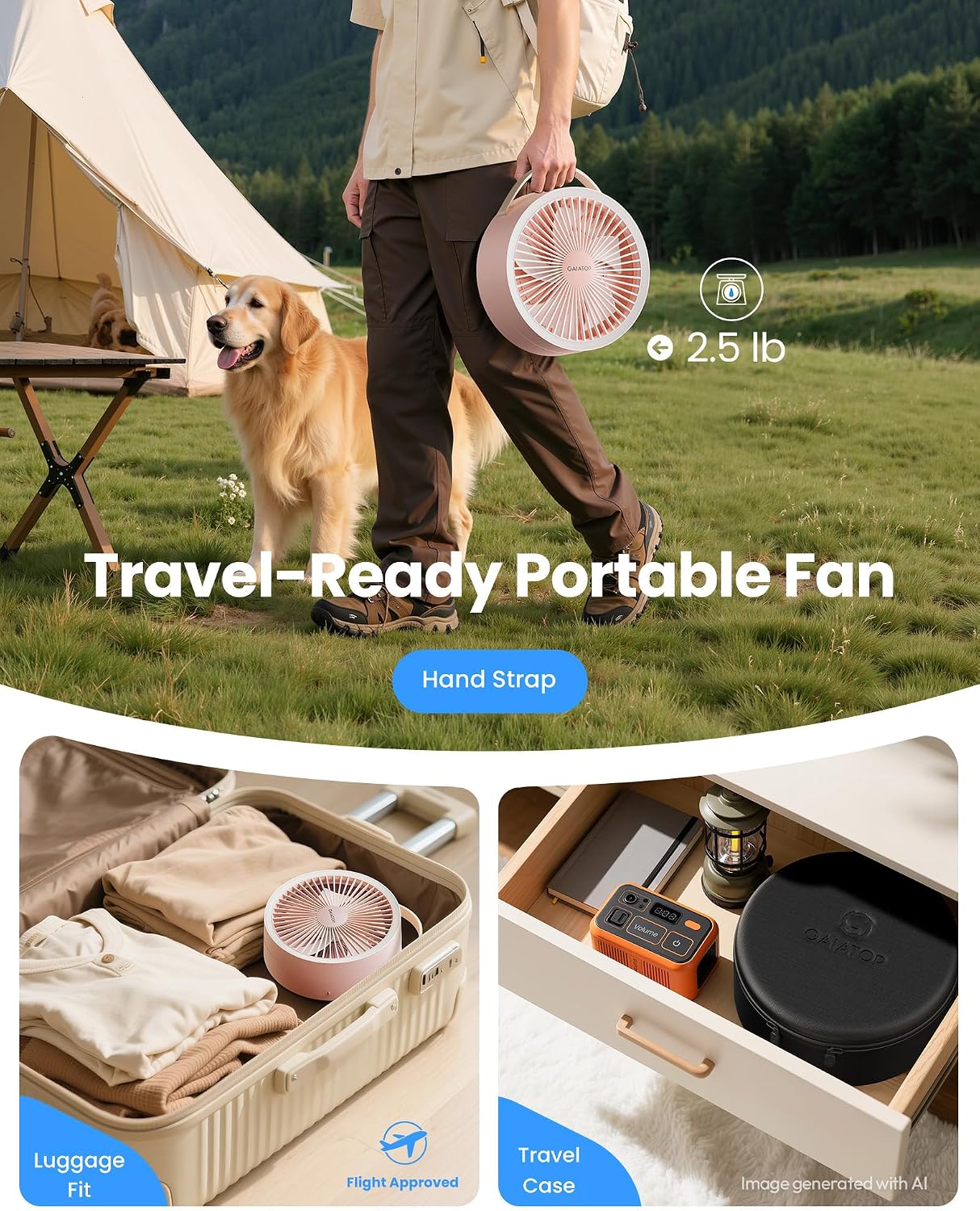 Gaiatop Portable Pedestal Fan 16000mAh Battery [Max 74h Runtime], Foldable Oscillating Standing Fan, Collapsible Desk Fans, LED Light, Case & Remote Control, 4 Speeds for Outdoor Travel Camping (Pink)