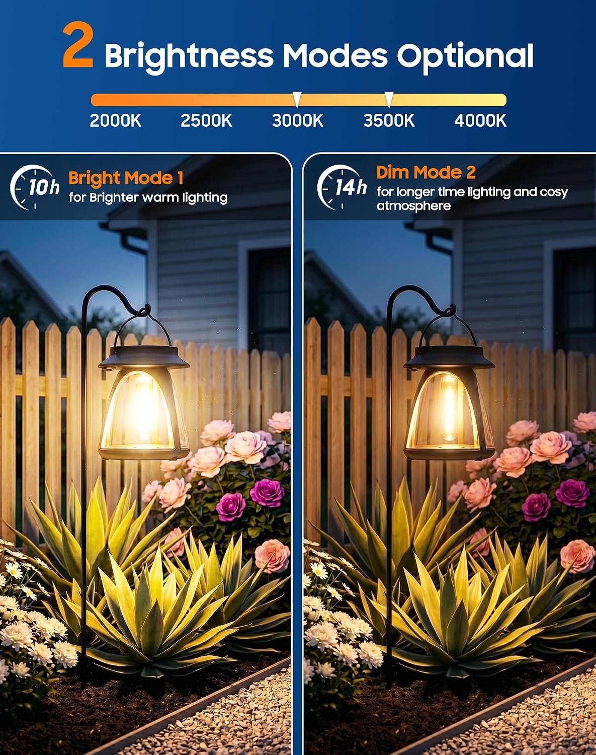 Outdoor Hanging Solar Lanterns, IP65, 2 Brightness Modes, 2 Pack | Warm white light with 2 brightness modes, 8–12 hour runtime and dusk-to-dawn sensor for patios, porches, yards and camping