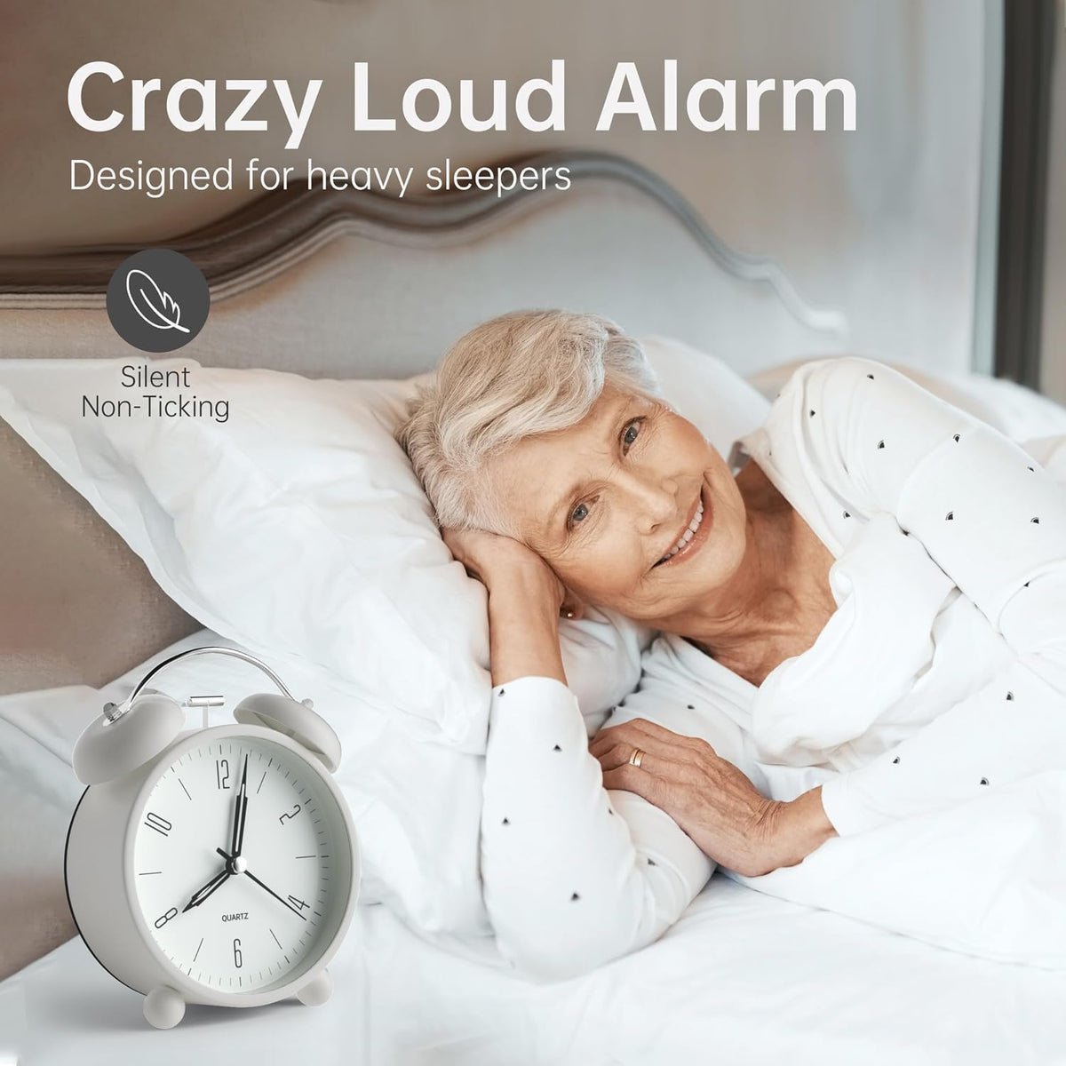Twin Bell Loud Alarm Analog Alarm Clock, 4 inch Super Silent Non Ticking Small Clock with Night Light, Battery Operated, Simple Design, Old Fashioned, for Heavy Sleeper, Bedroom, Bedside, Desk, White