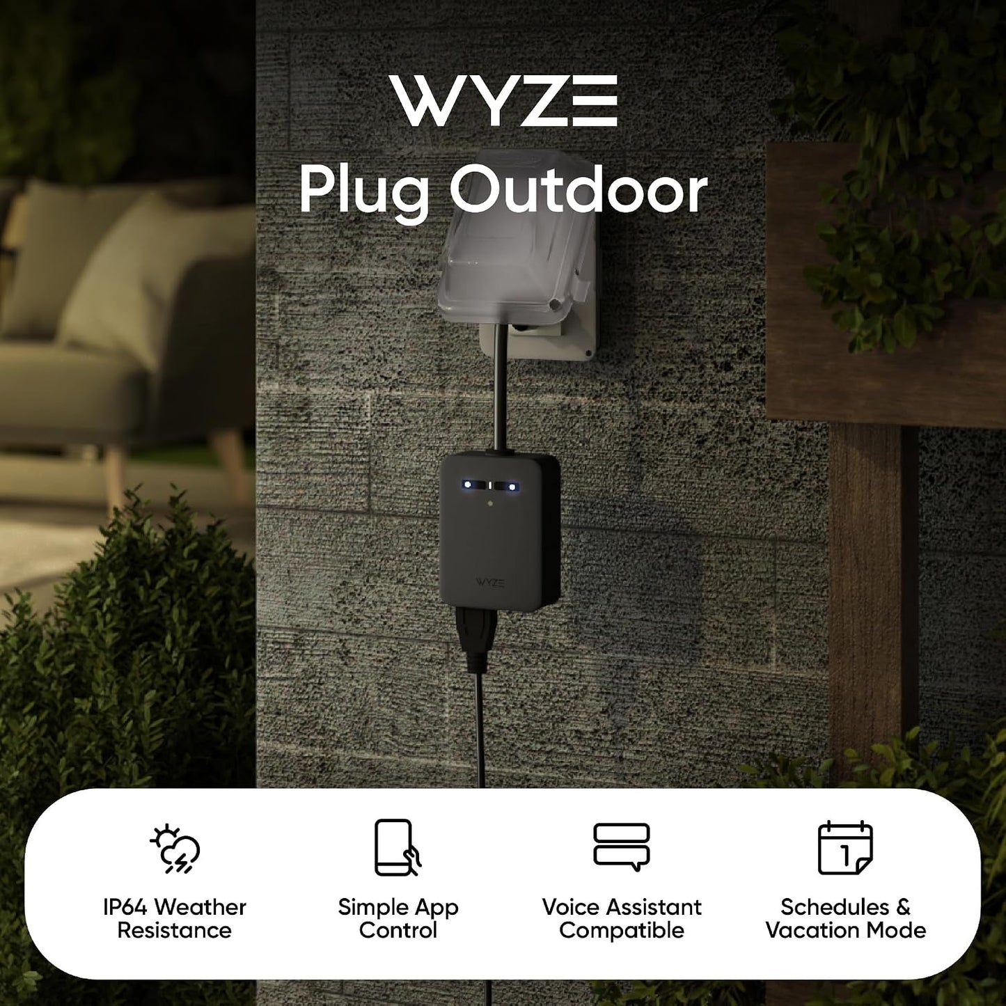 Wyze Plug Outdoor, Dual Outlets Energy Monitoring, IP64, 2.4GHz WiFi Smart Plug, Works with Alexa, Google Assistant, IFTTT, No Hub Required, Black