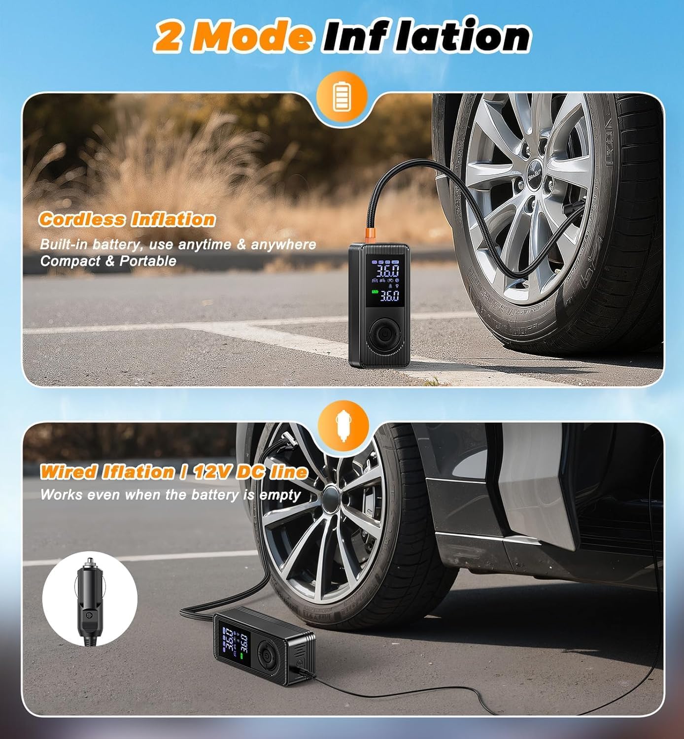 Tire Inflator Portable Air Compressor - 150 PSI 4X Fast Inflation Rechargeable Battery & 12V DC Adapter Powered Air Pump for Car Bike Motorcycle Tires Balls with LCD Display, LED Light