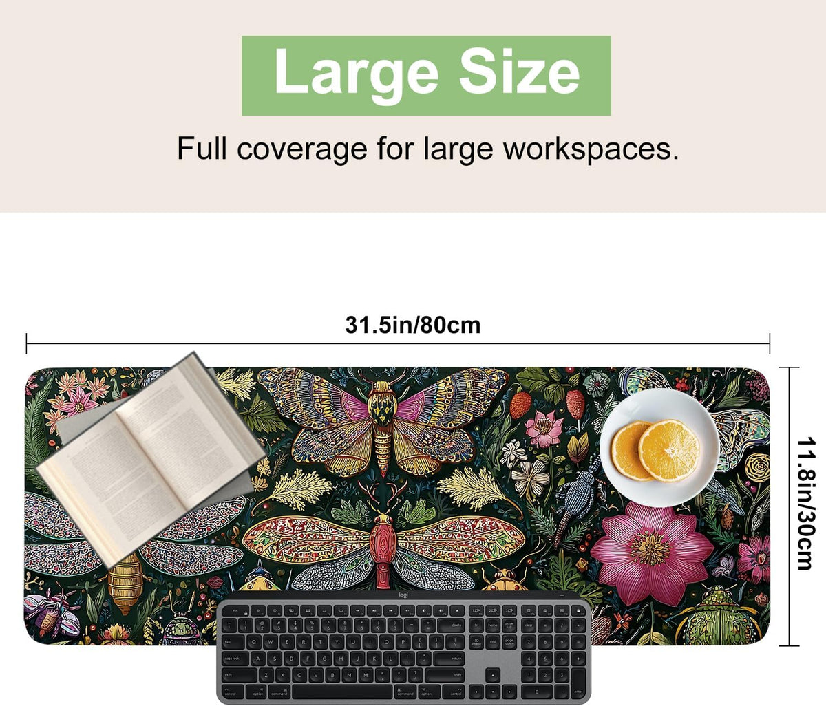 Desk Mat, XXL Extended Gaming Pad for Desktop, 31x12 Inches Butterflies and Dragonflies Garden Scene, Large Non-Slip Vegan Leather Keyboard Mouse Mat for Home Office