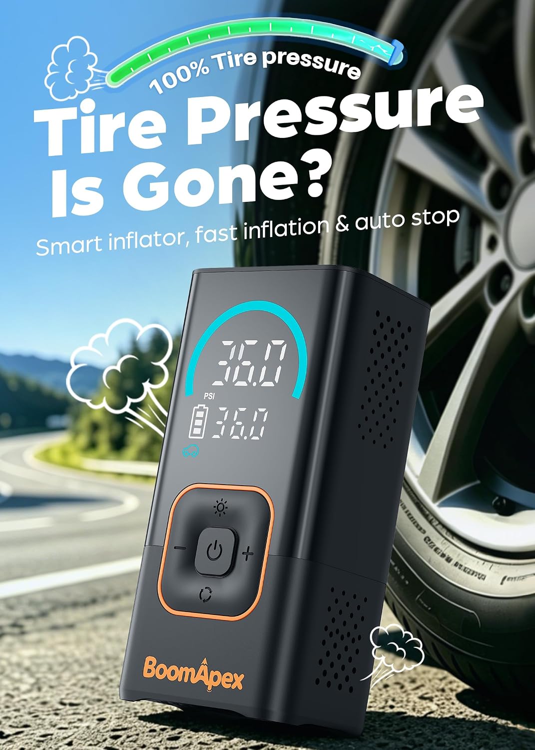 Tire Inflator Portable Air Compressor - Bike Pump with 2.88" Color Display, Real-Time Inflation Progress Bar, Air Pump with 0-150PSI Pressure Gauge, Memory Function & LED Light, Black Bike Accessories