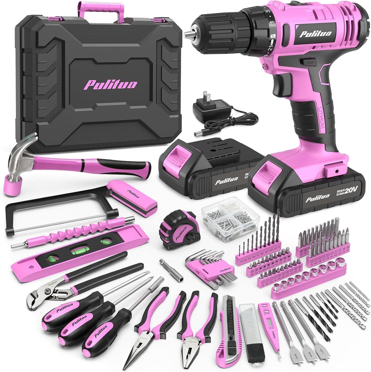 PULITUO Power Drill Tool Kit with 20V Cordless Drill/Driver, Electric Screwdriver, 2 Batteries & Charger, LED Light, 199-Piece Pink Home DIY Tool Set with Toolbox, Drill Set for Women & Men (Pink)