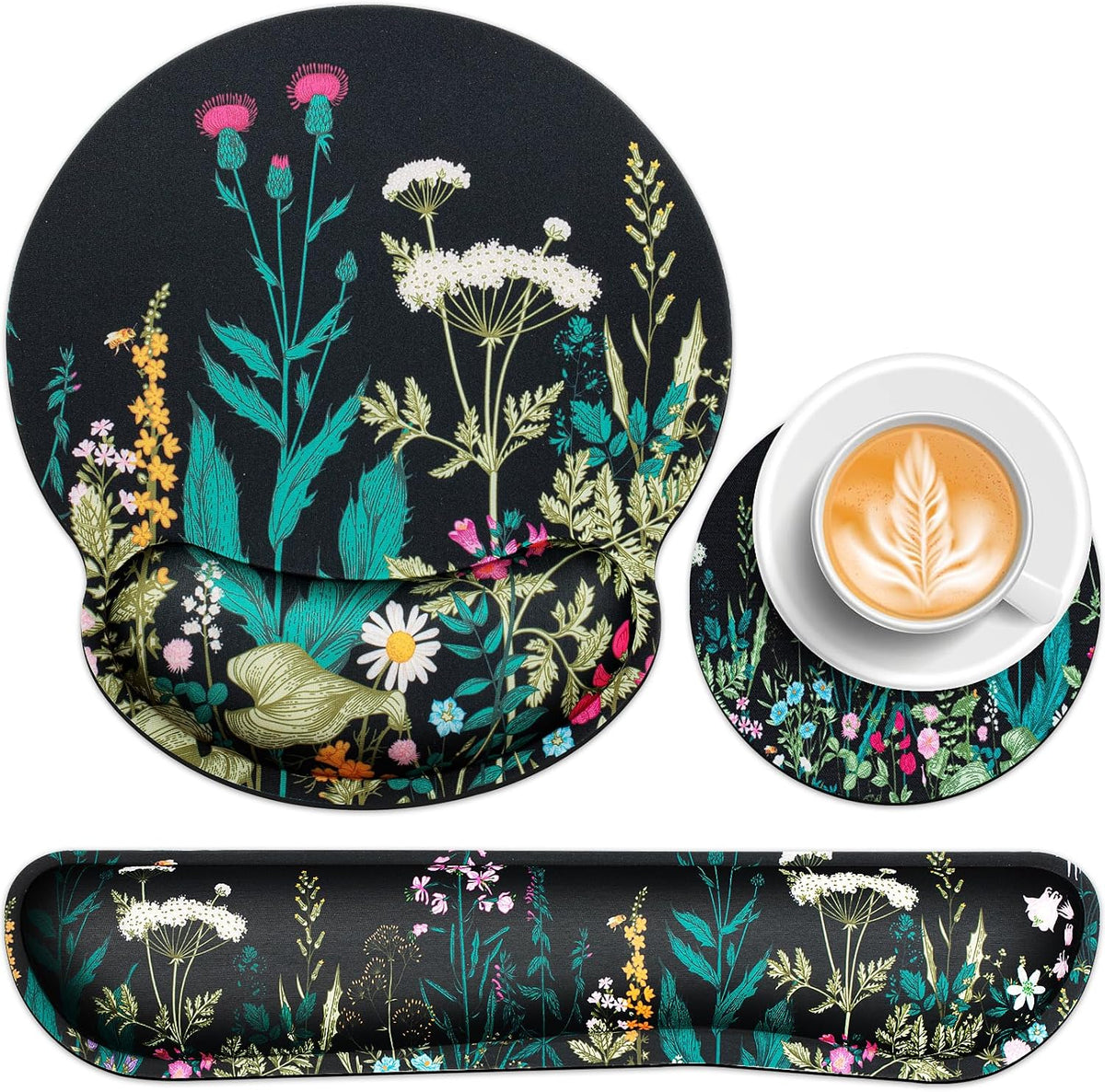Mouse Pad with Wrist Rest Set, 3-in-1 Wrist Support Mouse Pad Set, Floral | Gaming MousePad with Anti-Skid Base,Ergonomic Mouse Pad,Memory Foam Keyboard Gel Wrists Rest