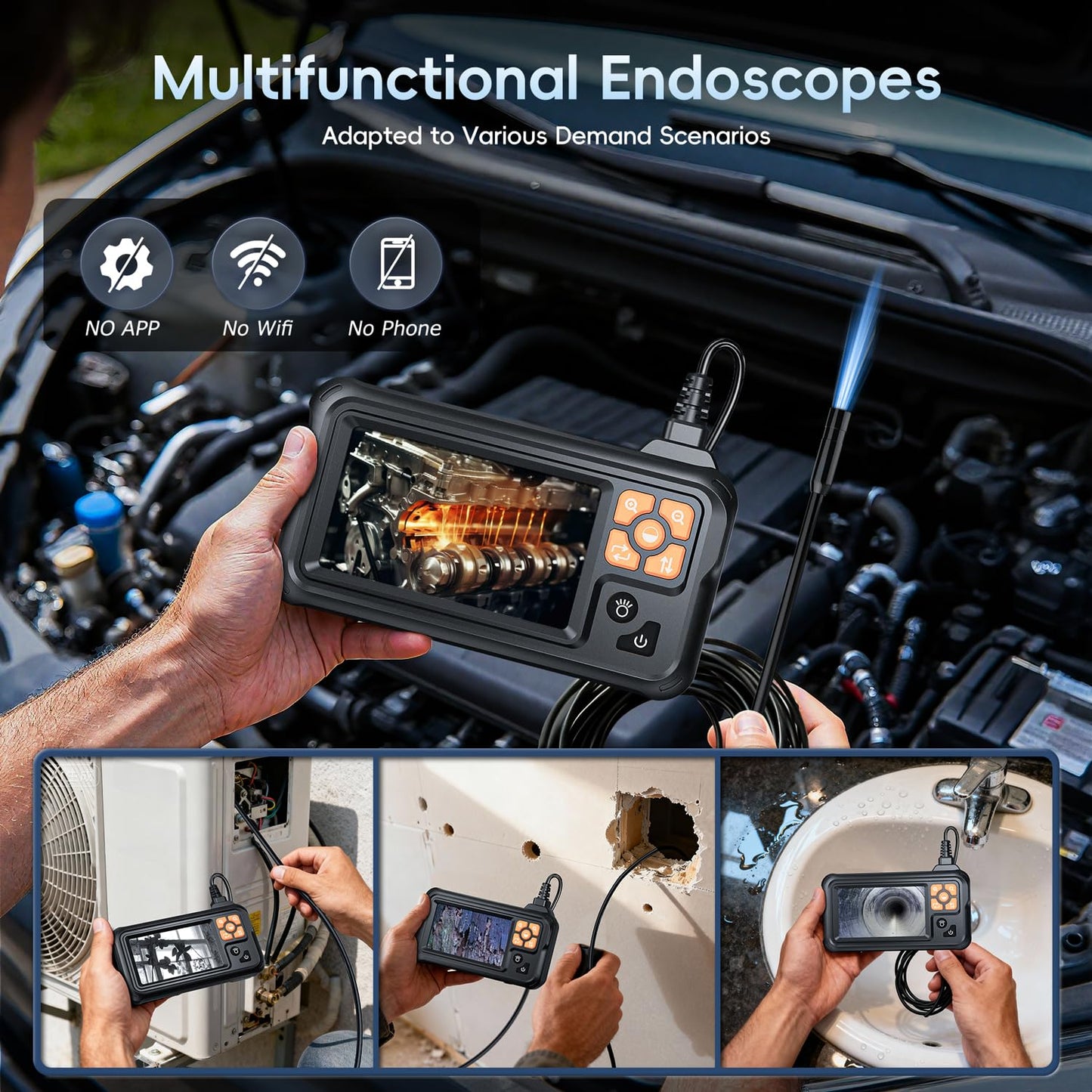 Industrial Endoscope Borescope Camera with Light, 4.3'' HD Digital Handheld Waterproof Sewer Tools Snake Inspection Camera with 8 LED Lights 16.5FT Semi-Rigid Cable, Gadgets for Men