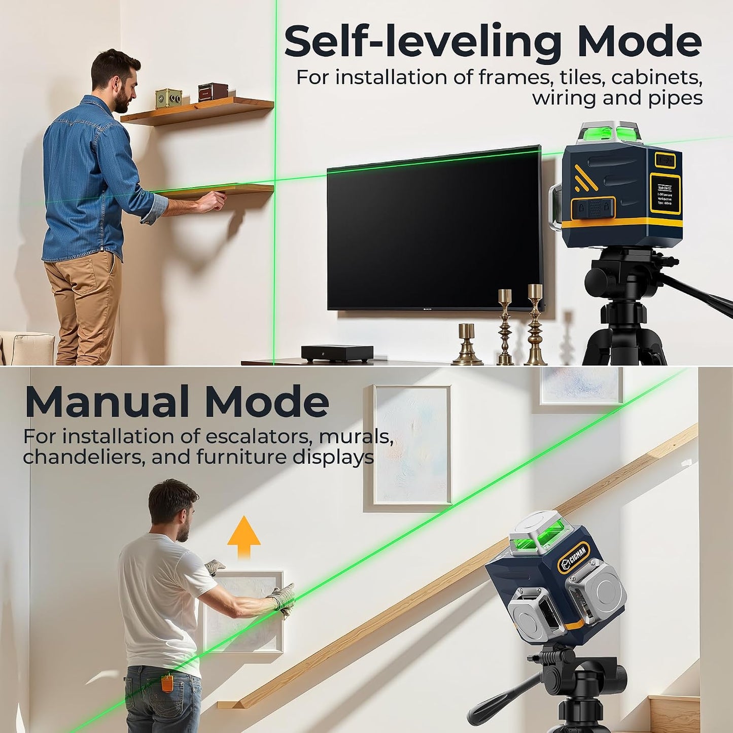Laser Level Self Leveling 3x360° for Picture Hanging & Construction | Green Lazer Leveler Tool, High Accuracy & Visibility, Remote Control, Rechargeable, Strong Magnetic Bracket, for DIY Projects