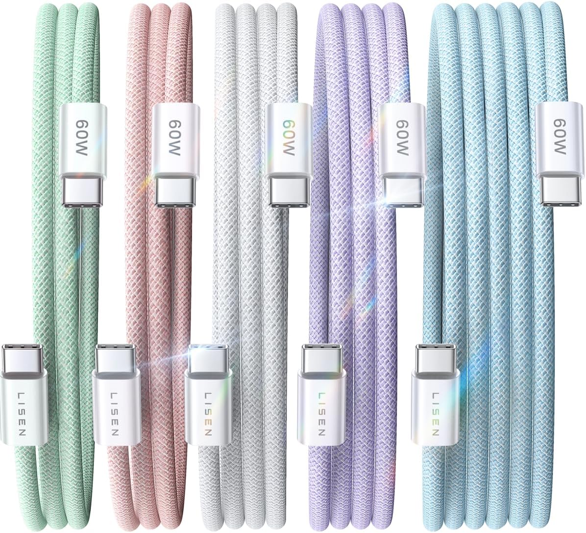 LISEN USB C Cable, 5-Pack [3.3/3.3/6.6/6.6/10FT] USBC to USBC Cable for iPhone 16e 15 Pro Max Charger Cord, 60W (3.1A) C to C Cable Fast Charging for Samsung S25/S24/23, Switch 2, iPad, MacBook