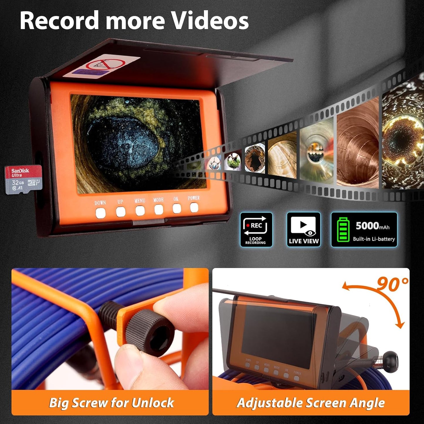 Sewer Camera 100FT/30M Pipe Inspection Borescope Endoscope Camera with Light 6 LEDs 5" IPS Screen 17MM Plumbing Snake 5000 Mah Battery,1080P High-Definition Industrial Sewer Camera